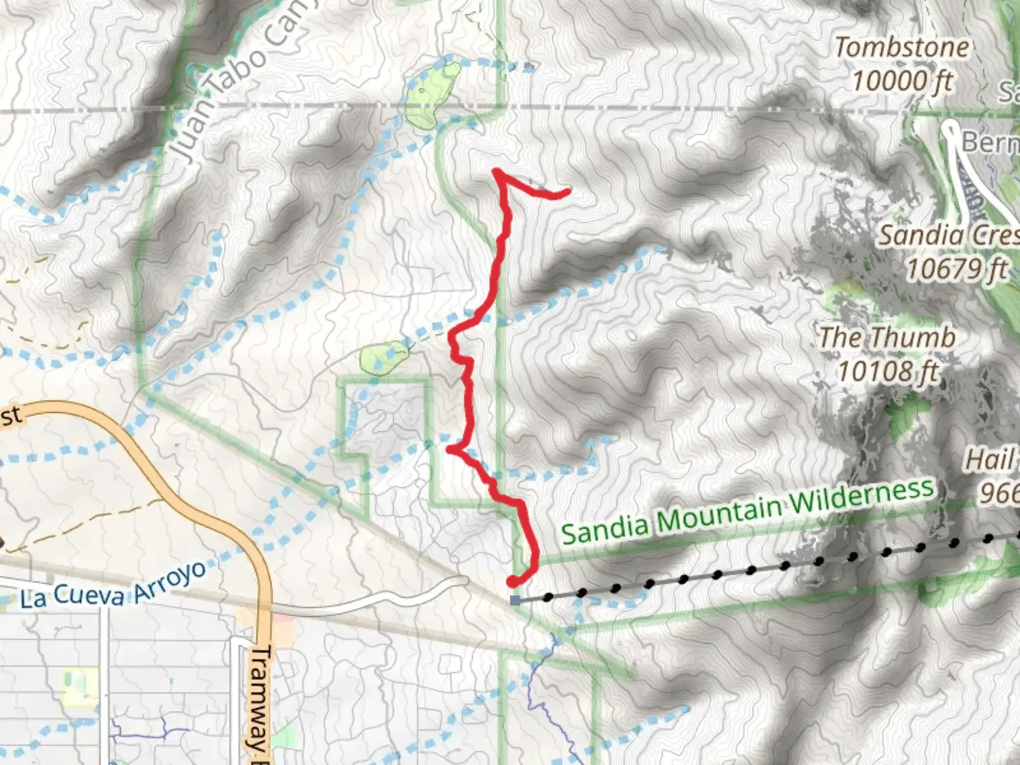 An image depicting the trail Tramway Trail Out and Back and its surrounding area.