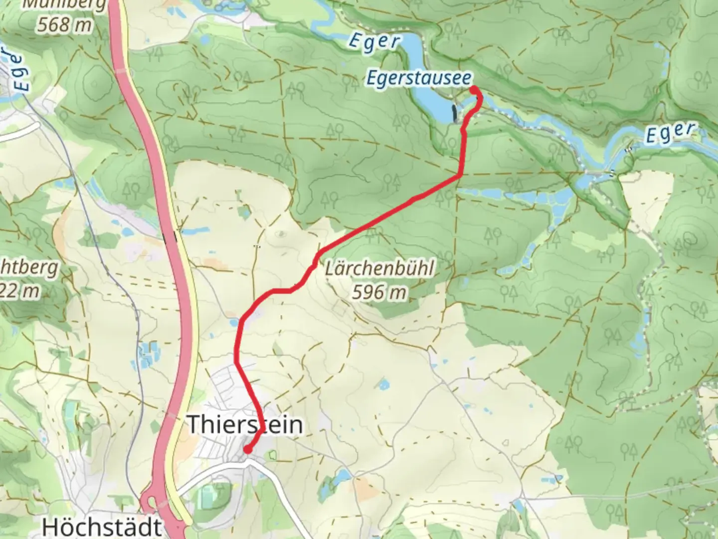 An image depicting the trail Infotafel Kaiserweg to Kaiserweg via Thierstein and its surrounding area.