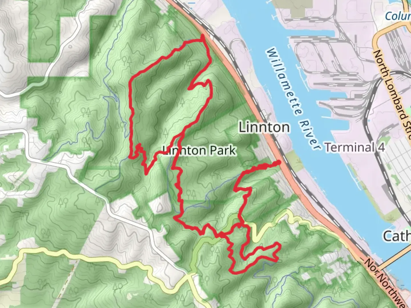 An image depicting the trail Linnton Park Loop and its surrounding area.