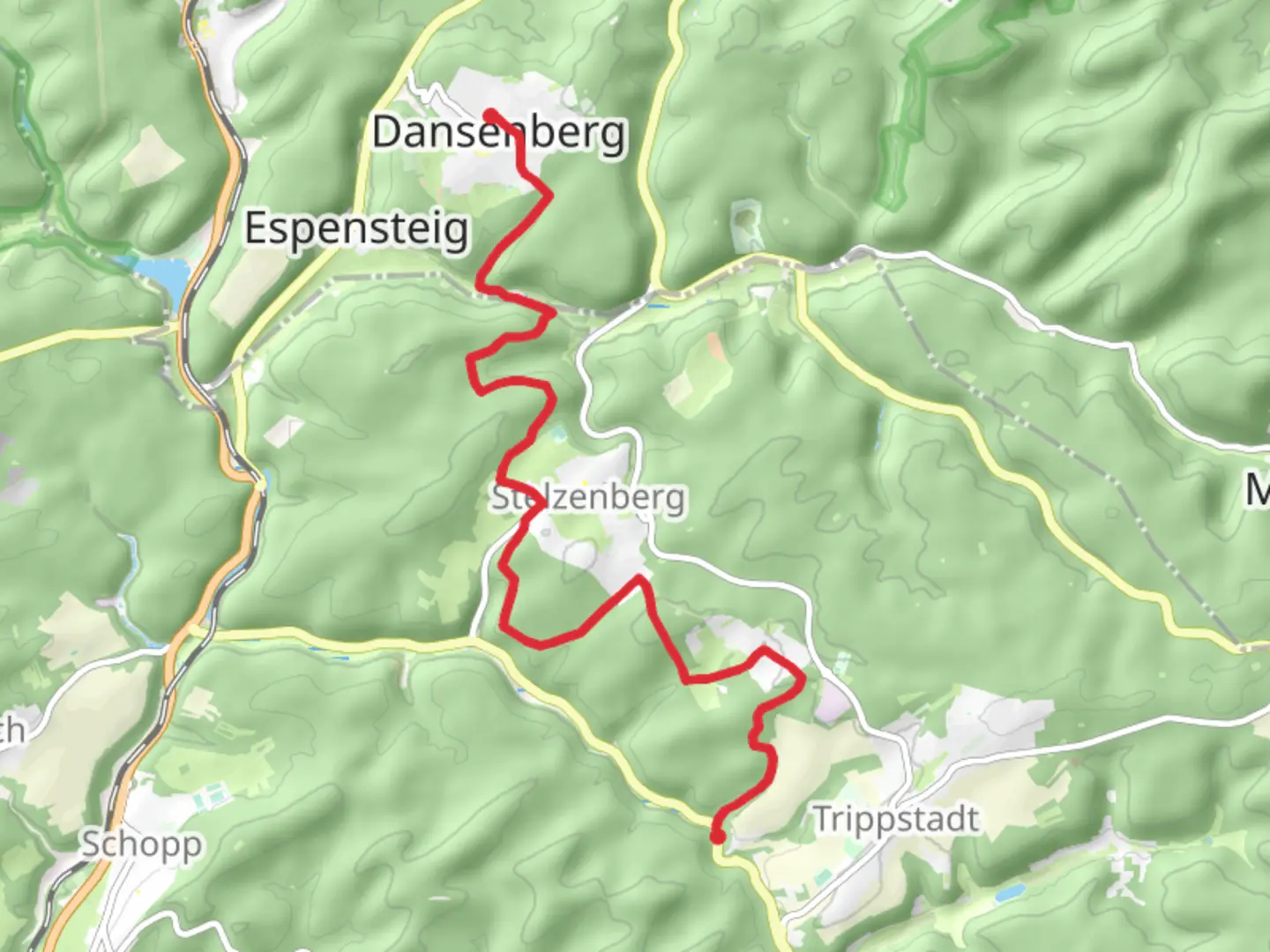 An image depicting the trail Wilensteiner Mühle to Dansenberg Walk via Kohlhübel and its surrounding area.