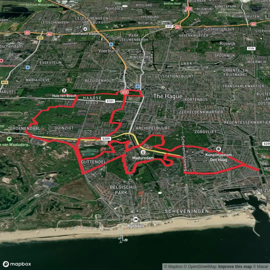 An image depicting the trail Koekamp, Huberstus Park and Scheveningsche Loop and its surrounding area.