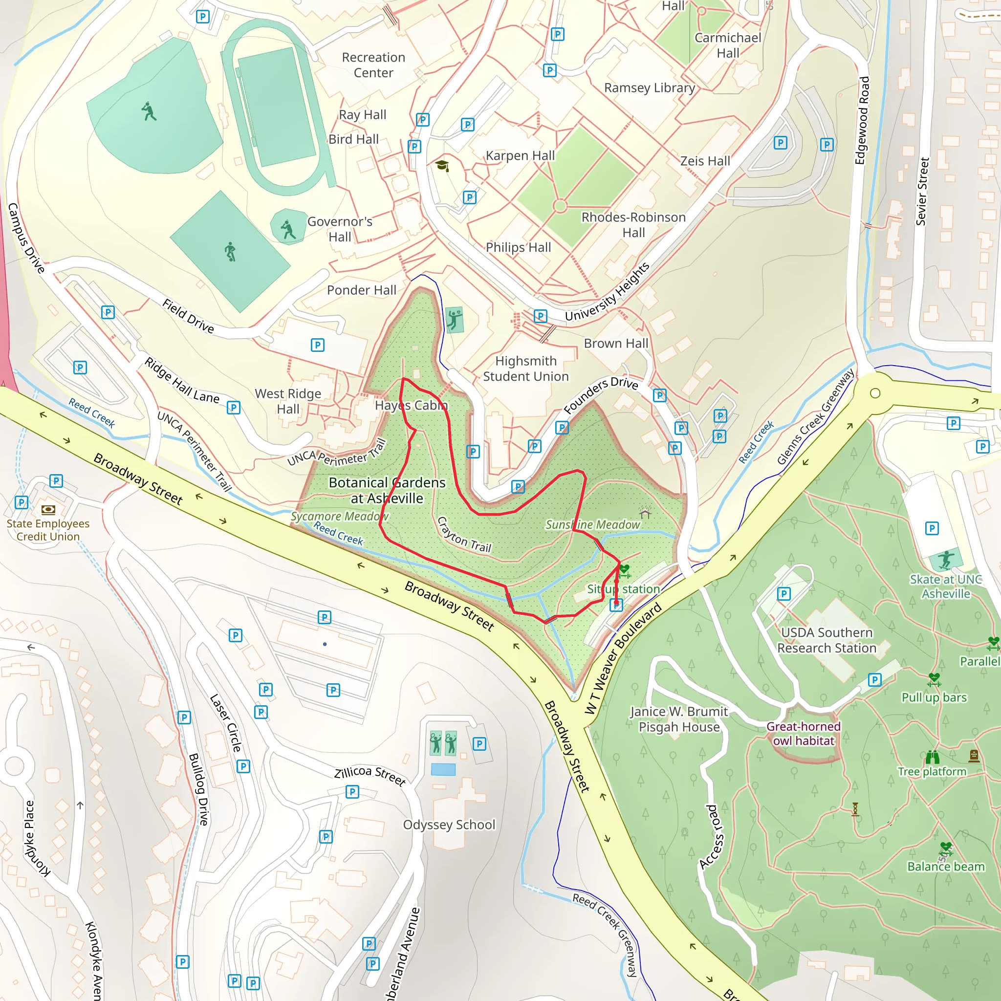 UNCA Perimeter and Crayton Loop Trail mobile static map