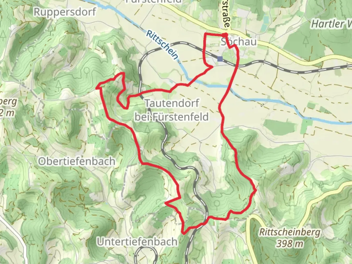 An image depicting the trail Söchau Panoramic Tour and its surrounding area.