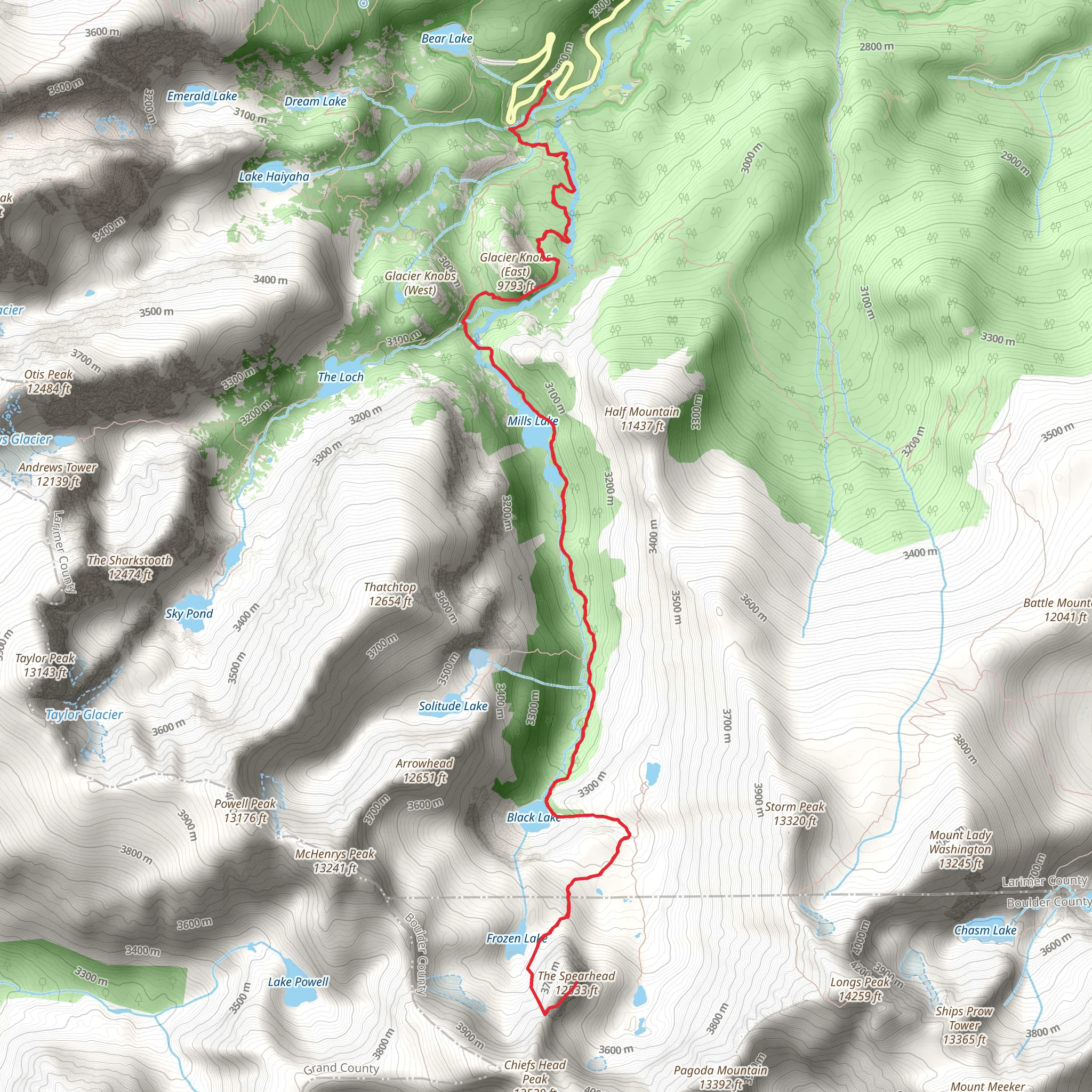 The Spearhead via Glacier Gorge Trail mobile static map