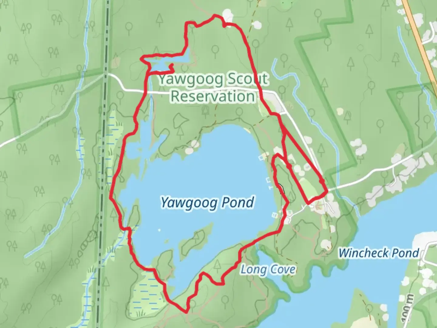 An image depicting the trail Hidden Lake and Yawgoog Pond Loop and its surrounding area.