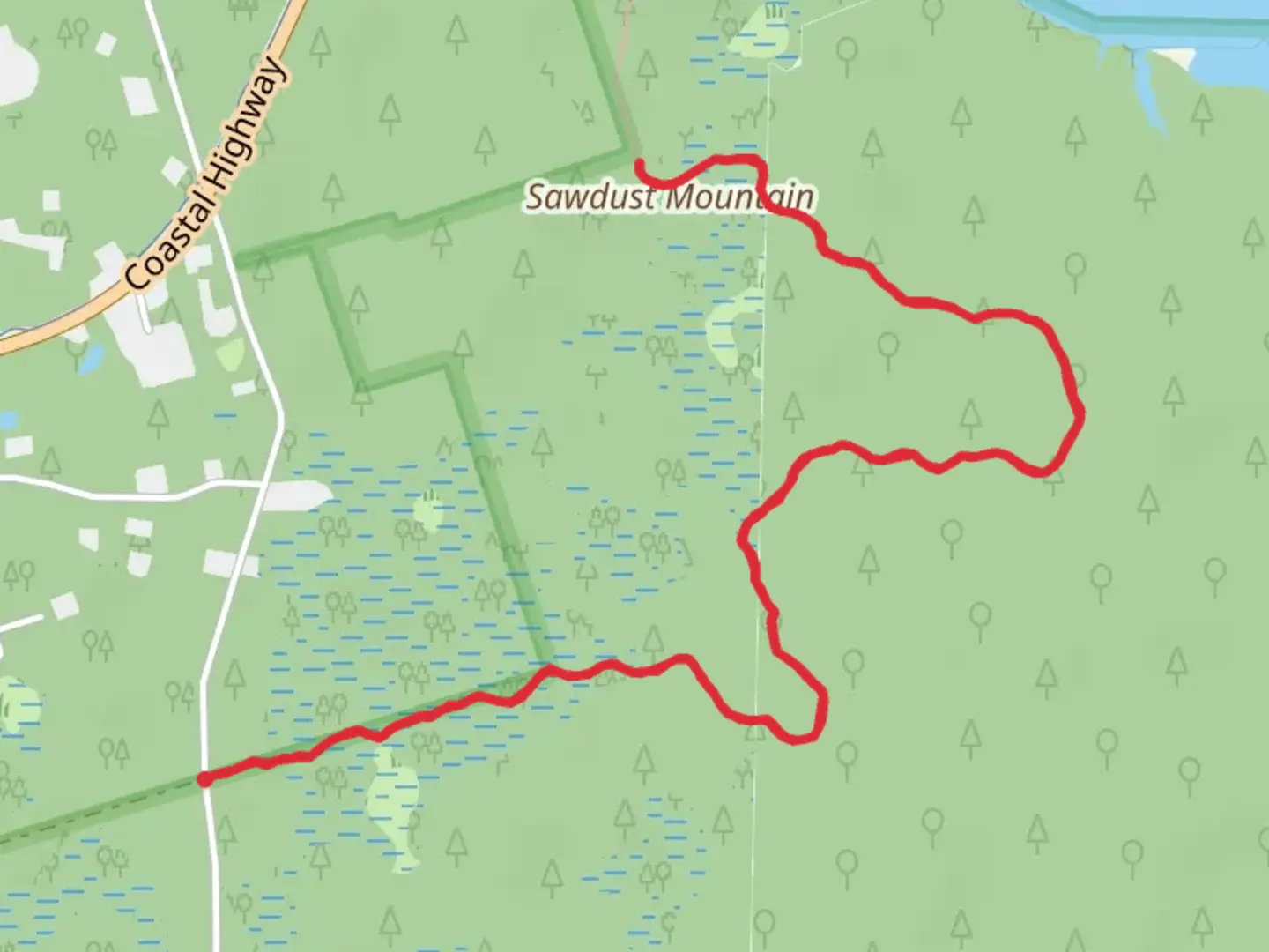 An image depicting the trail Sawdust Mountain and its surrounding area.