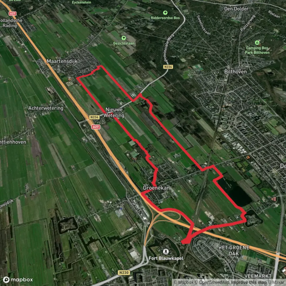 An image depicting the trail Hooge Kampse Plas and Groenekan Loop and its surrounding area.