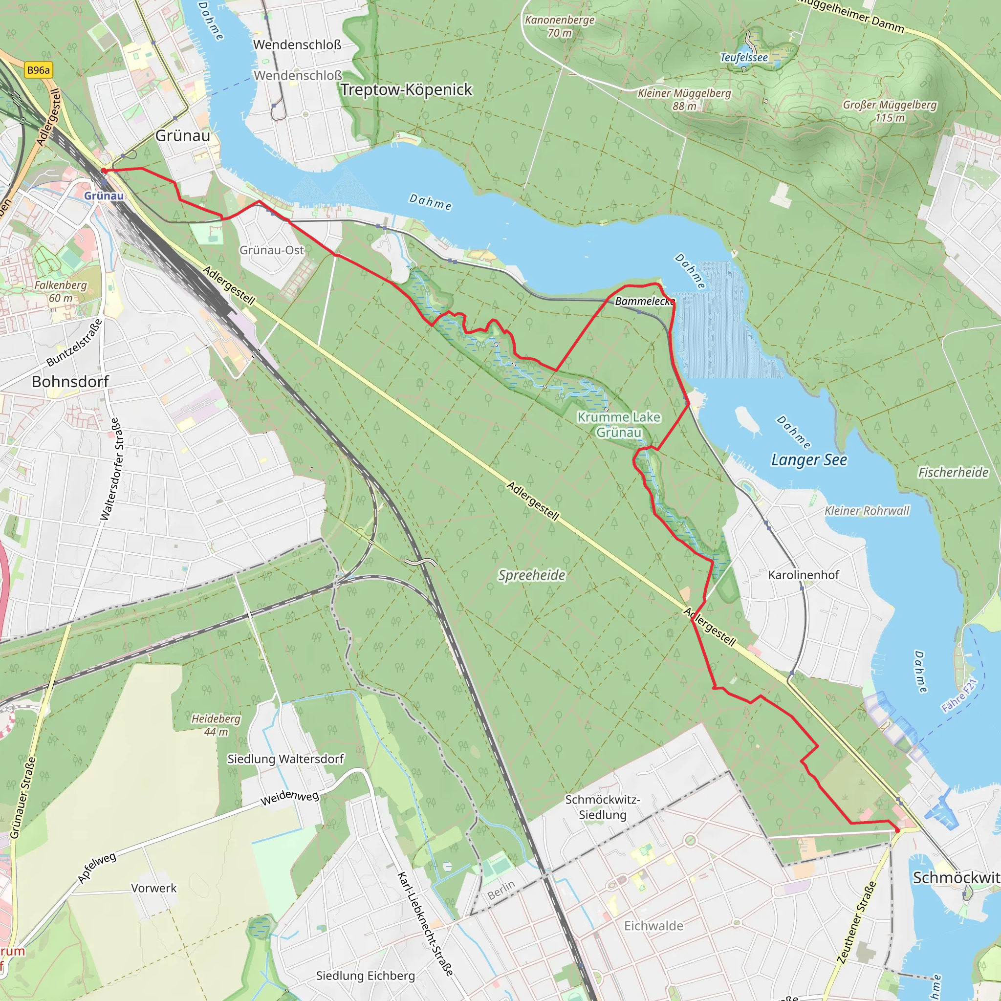 Gartenstadt Falkenberg to Schmockwitz via Dahme and Paul Gerhardt Weg mobile static map