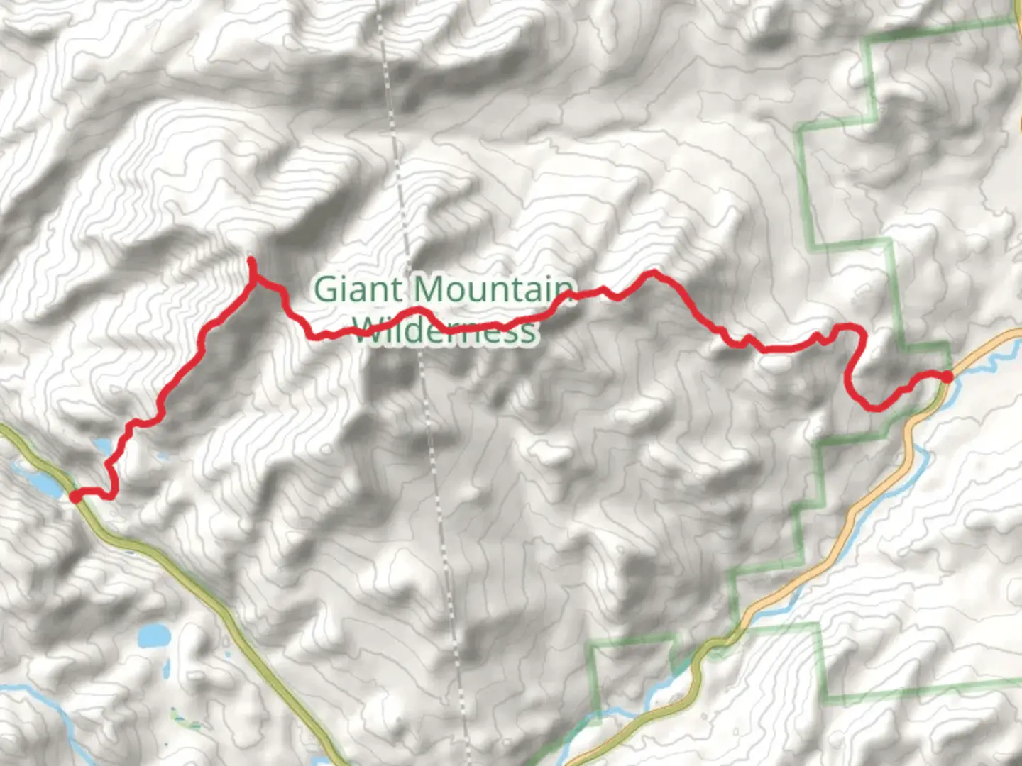 An image depicting the trail Giant Mountain, Rocky Peak Ridge, Marie Louise Pond, Hedgehog Notch Trail and its surrounding area.