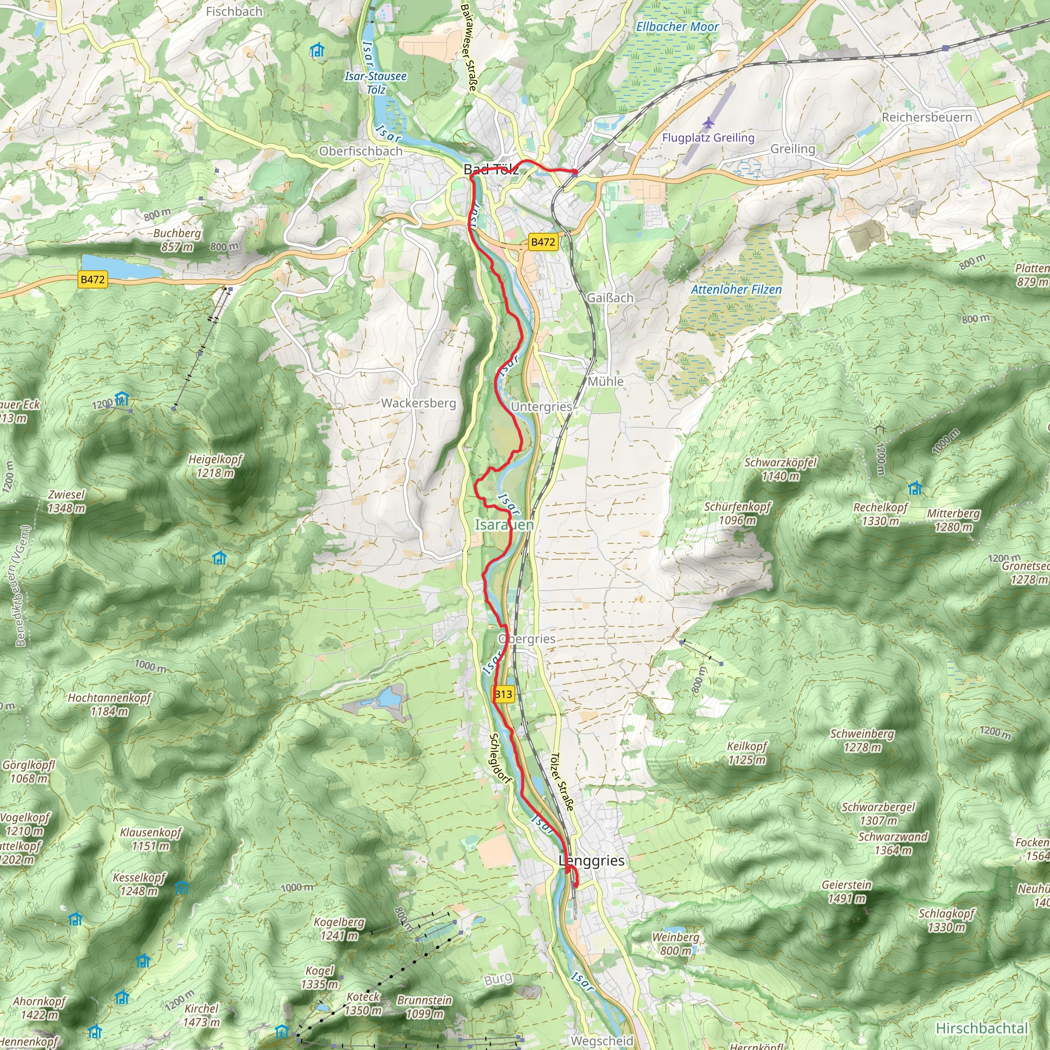 Bad Tölz to Lenggires Walk via River Isar mobile static map