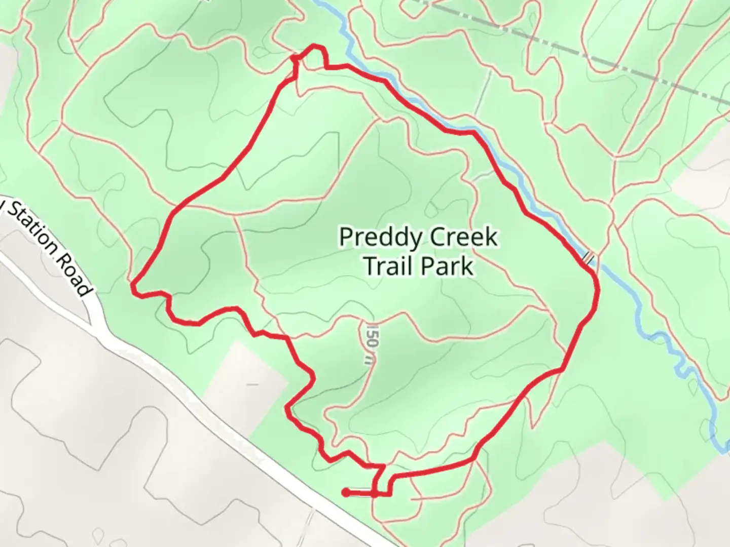 An image depicting the trail Creekside Trail and Mundy Place Loop Trail and its surrounding area.