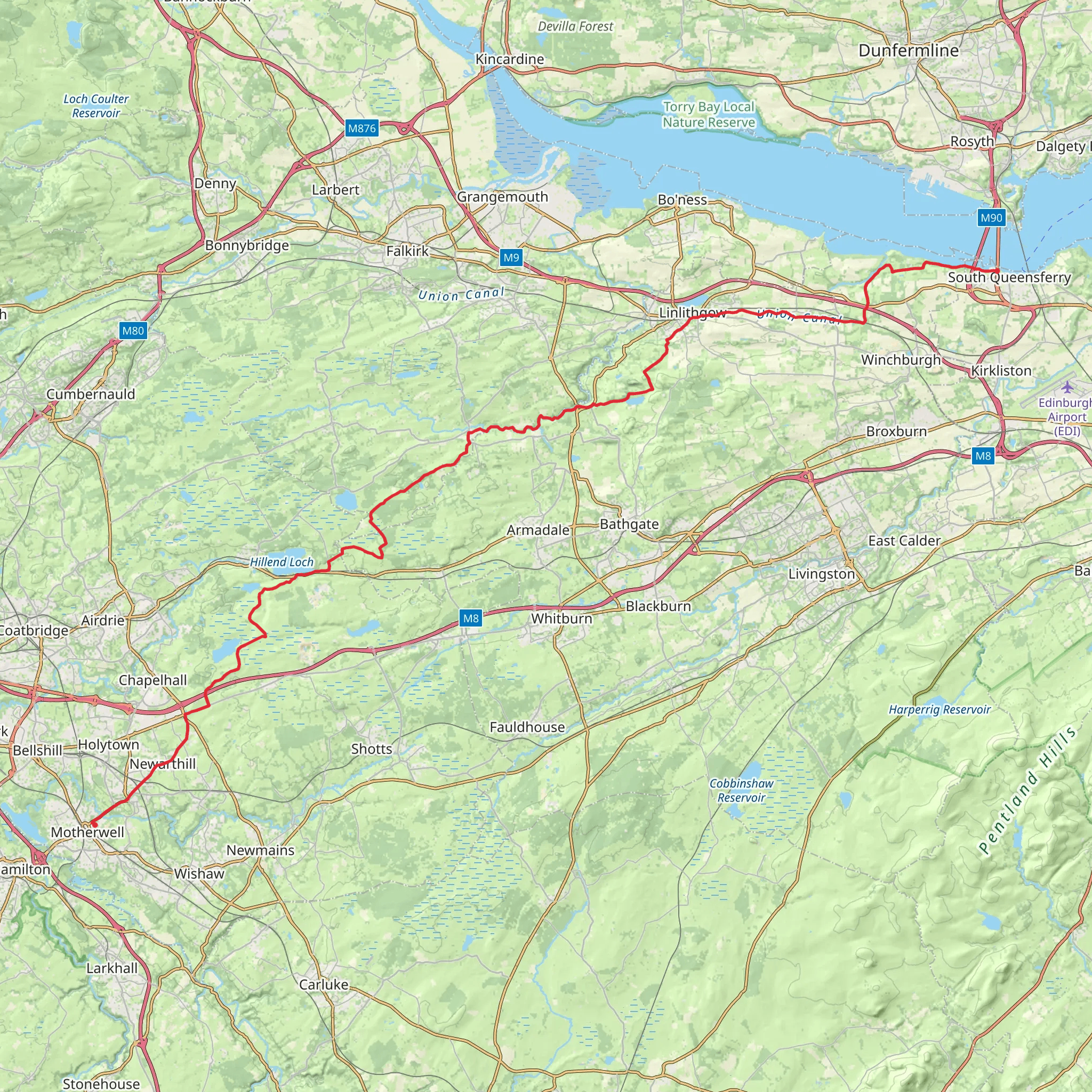 Motherwell to Forth Road Bridge via Ladywell mobile static map