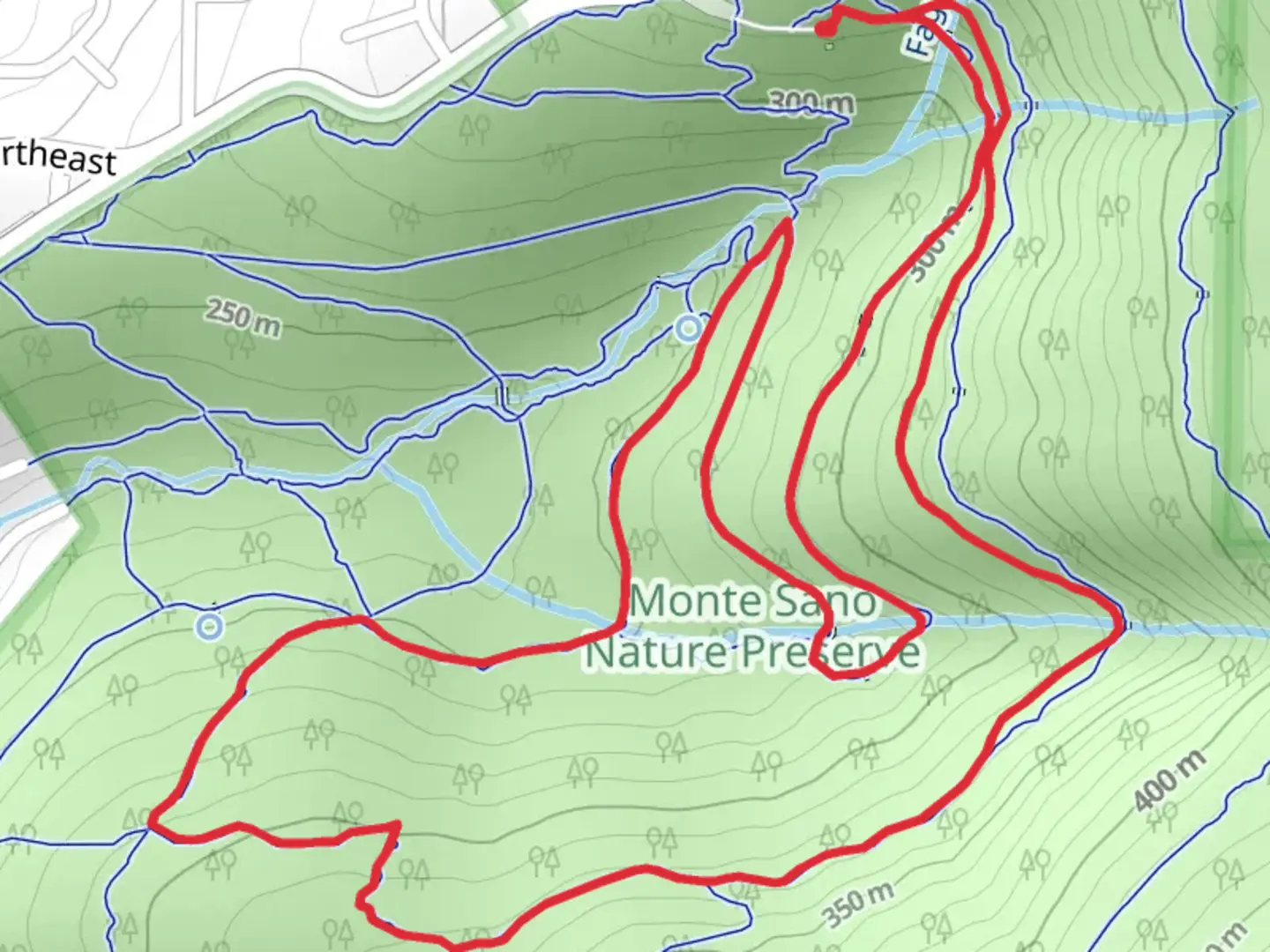 An image depicting the trail Railroad Bed, Alms House and Bluffline Loop Trail and its surrounding area.