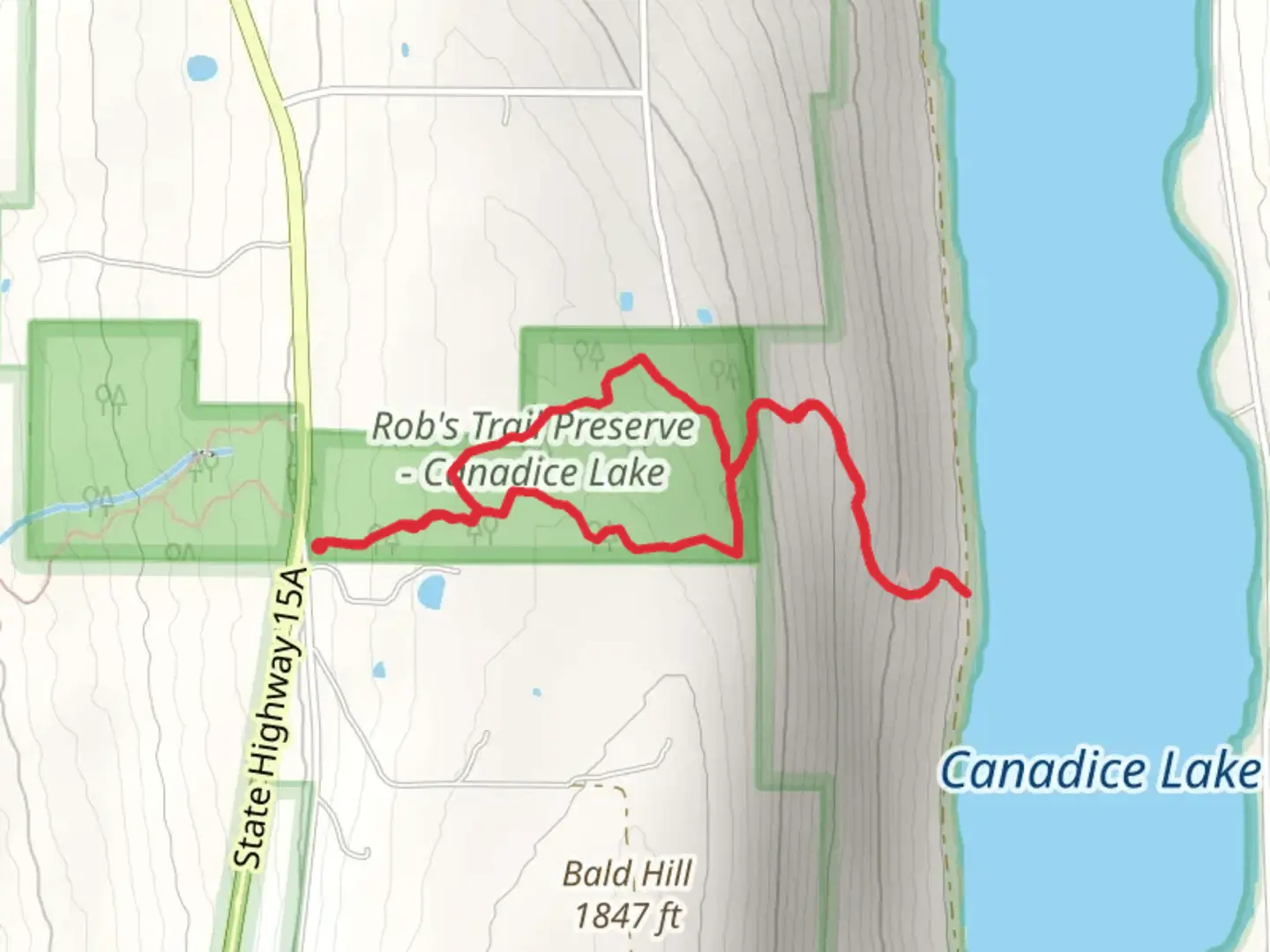 An image depicting the trail Canadice Lake from Old Bald Hill Road South Out and Back and its surrounding area.