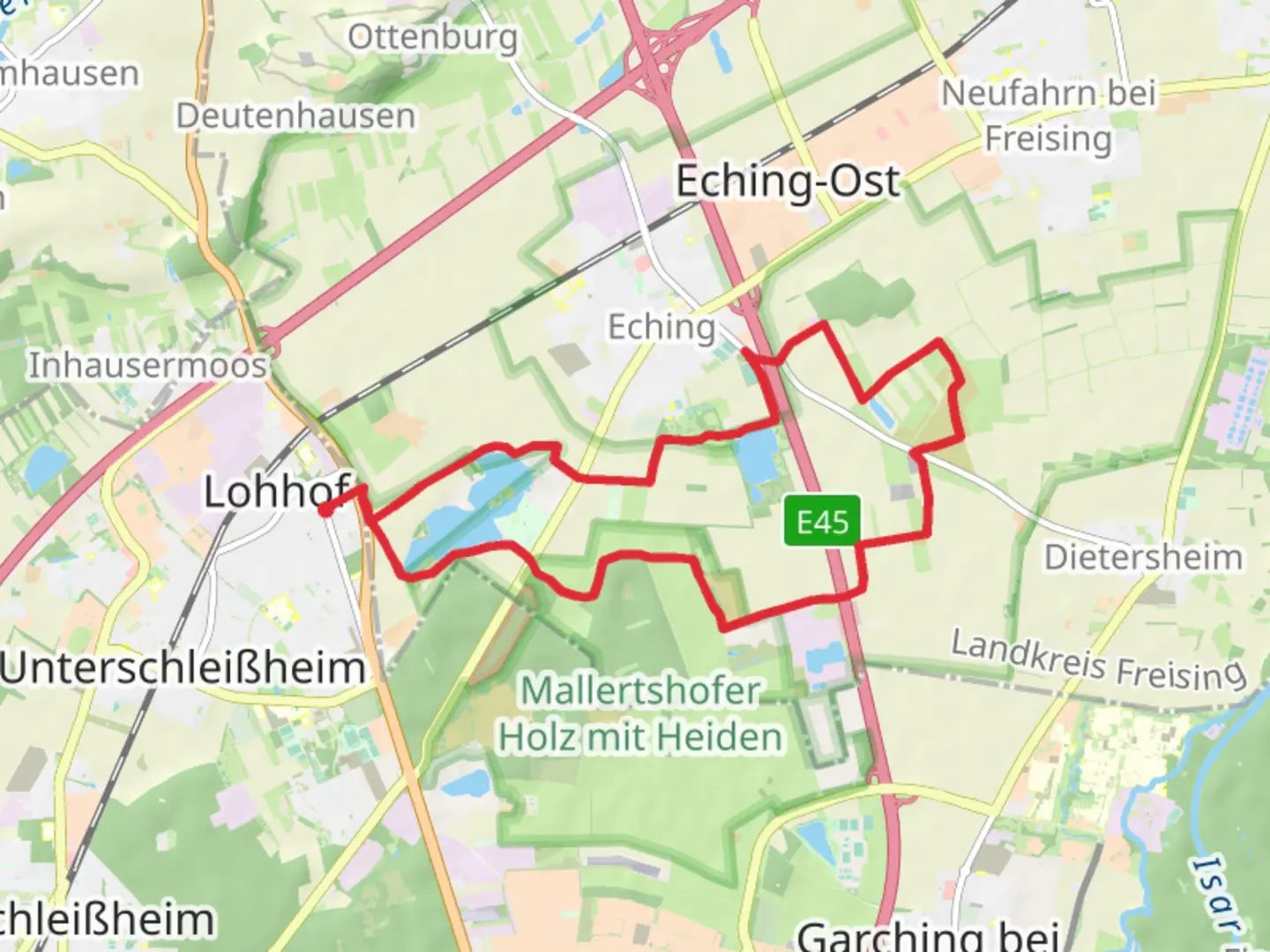 An image depicting the trail Hollerner See and Garchinger Heide Loop and its surrounding area.
