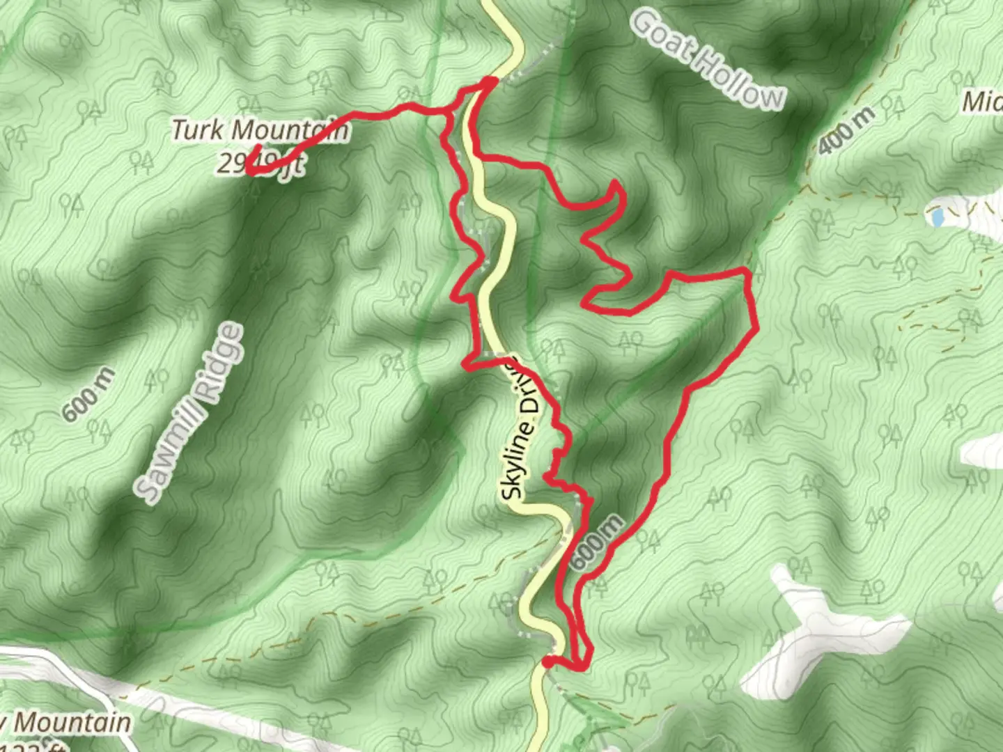 An image depicting the trail Turk Mountain - Turk Branch - Appalachian Loop Trail and its surrounding area.