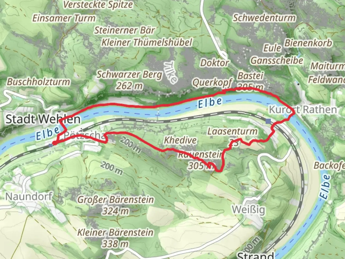 An image depicting the trail Rauenstein, Gruenbach and Elbe Loop via Malerweg and its surrounding area.