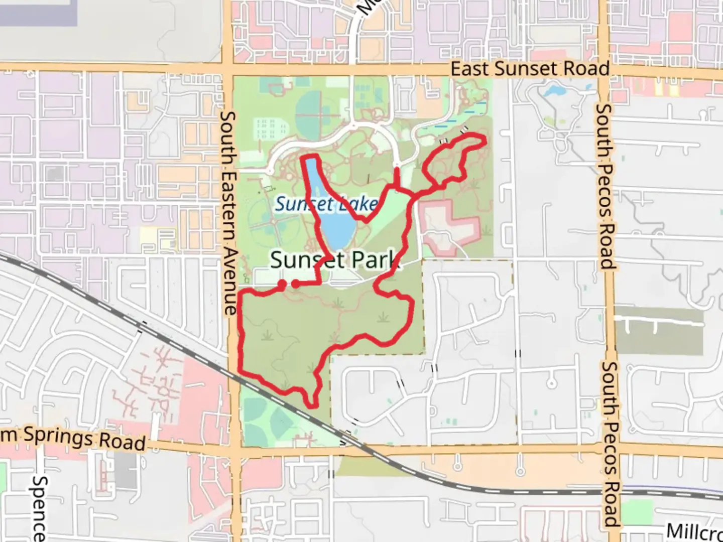 An image depicting the trail Sunset Lake Loop via One and One bye 3 Trail and its surrounding area.