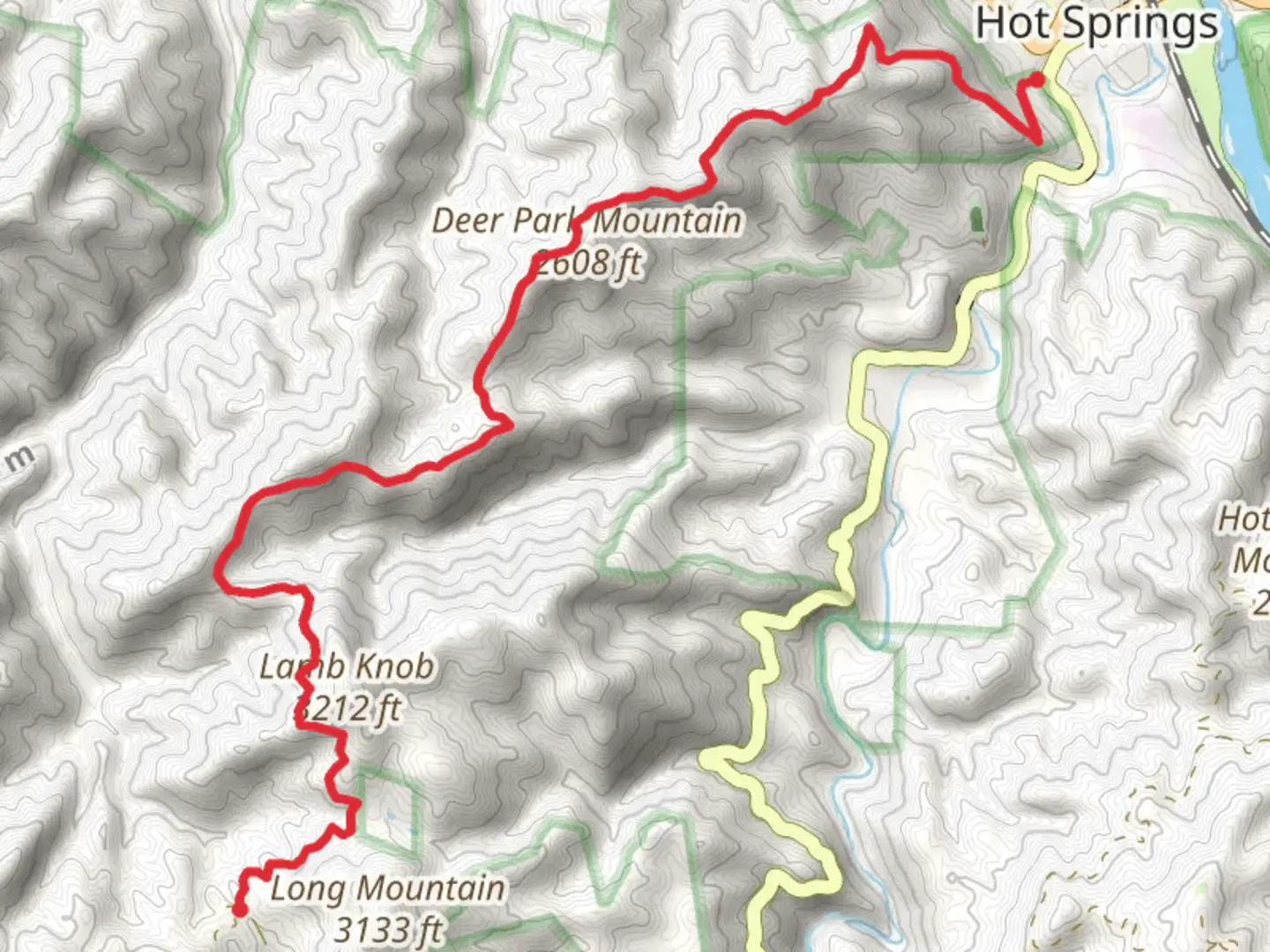 An image depicting the trail Garenflo Gap to Hot Springs via Appalachian Trail and its surrounding area.