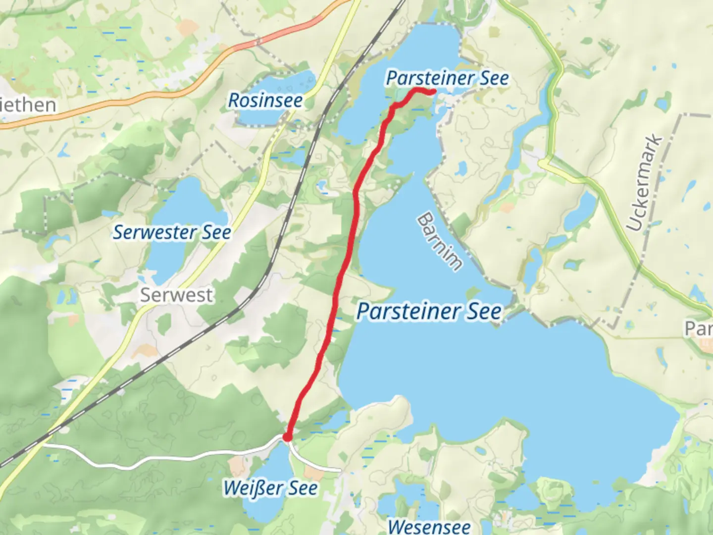 An image depicting the trail Brodowin - Parsteinwerder and its surrounding area.