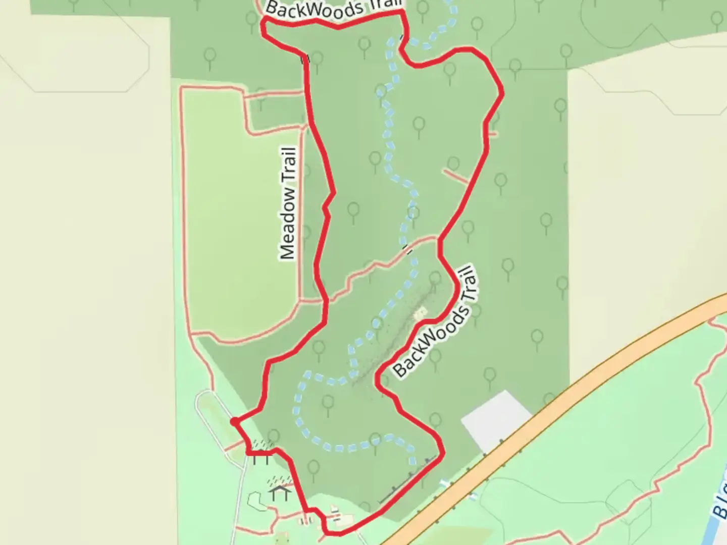 An image depicting the trail BackWoods Loop Trail and its surrounding area.