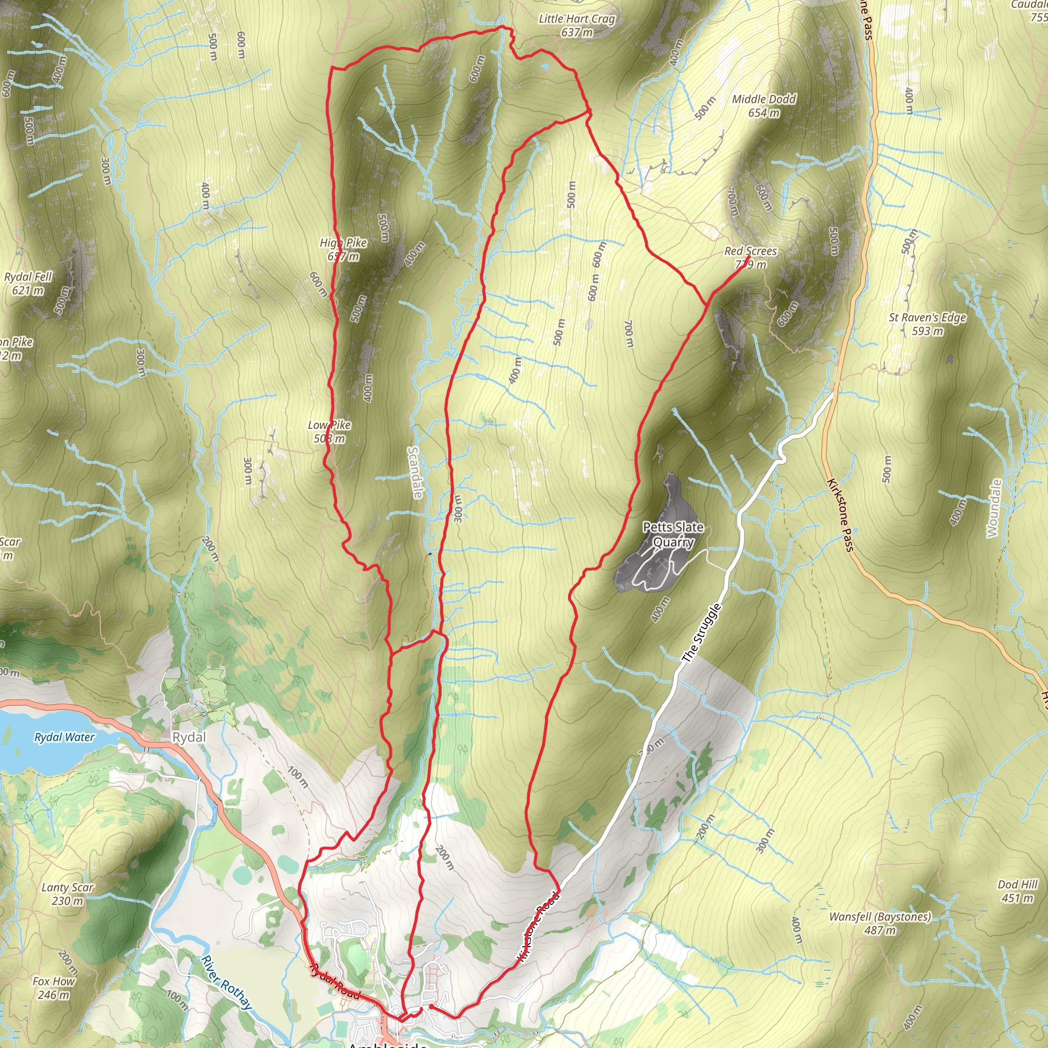 Red Screes, Little Hart Carg, High and Low Pike Loop from Ambleside mobile static map