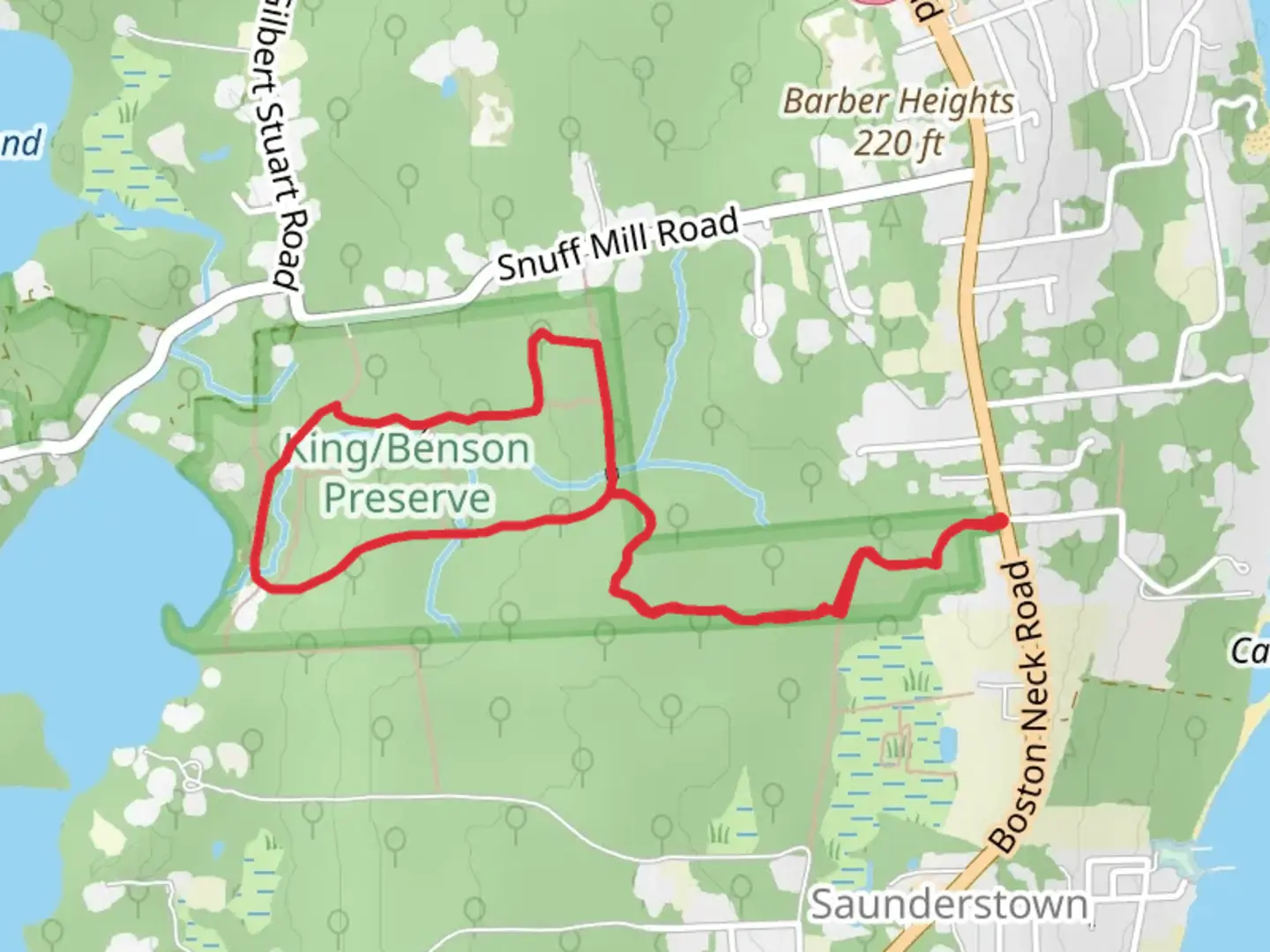 An image depicting the trail Julia's Trail, Pettaquamscutt Trail and Stoney Brook Loop Trail and its surrounding area.