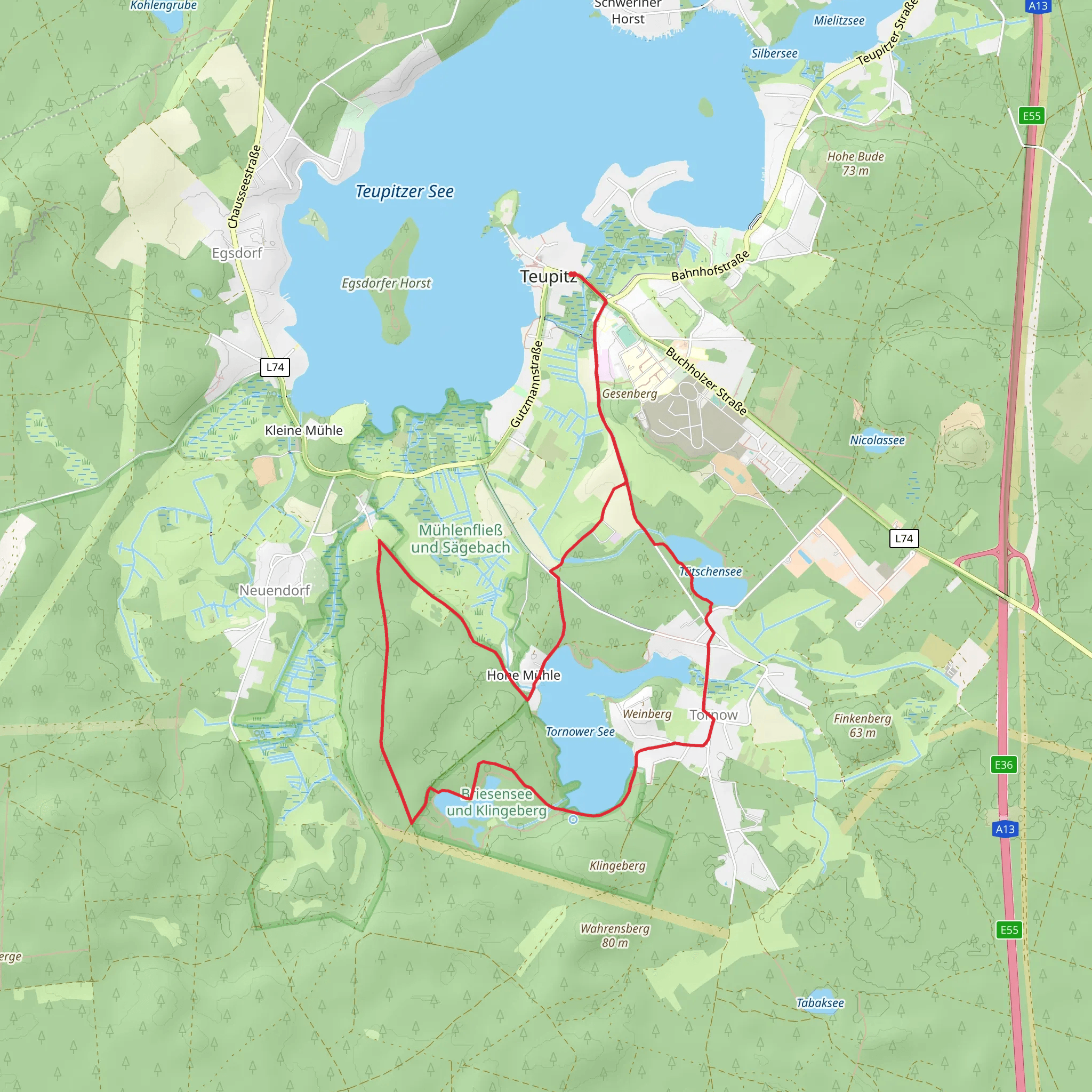 Tornower See, Briesensee and Tütschensee via Hohe Muehle mobile static map
