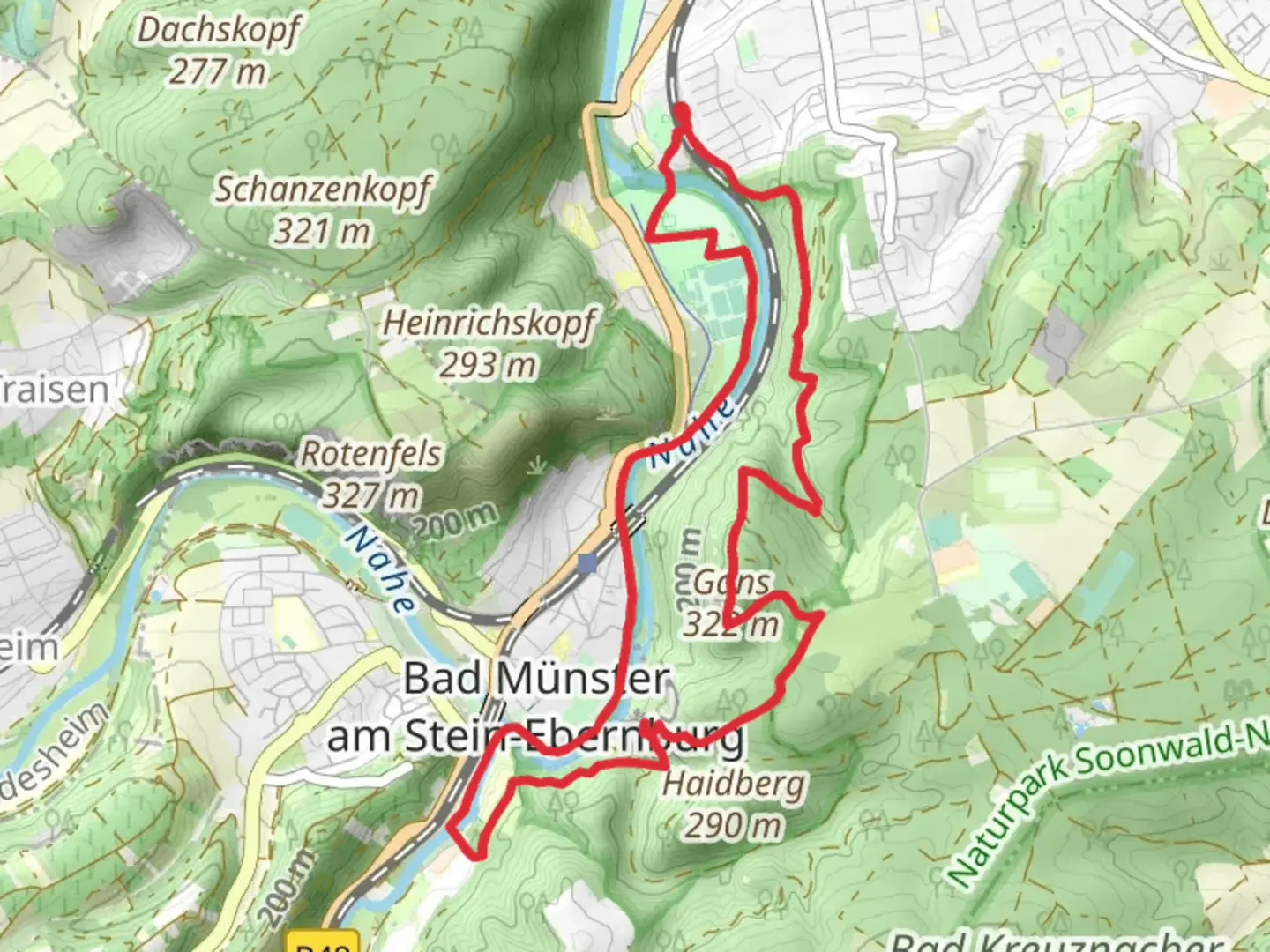 An image depicting the trail Nahe, Burguine Rheingrafenstein and Gans via Tour Natur and its surrounding area.