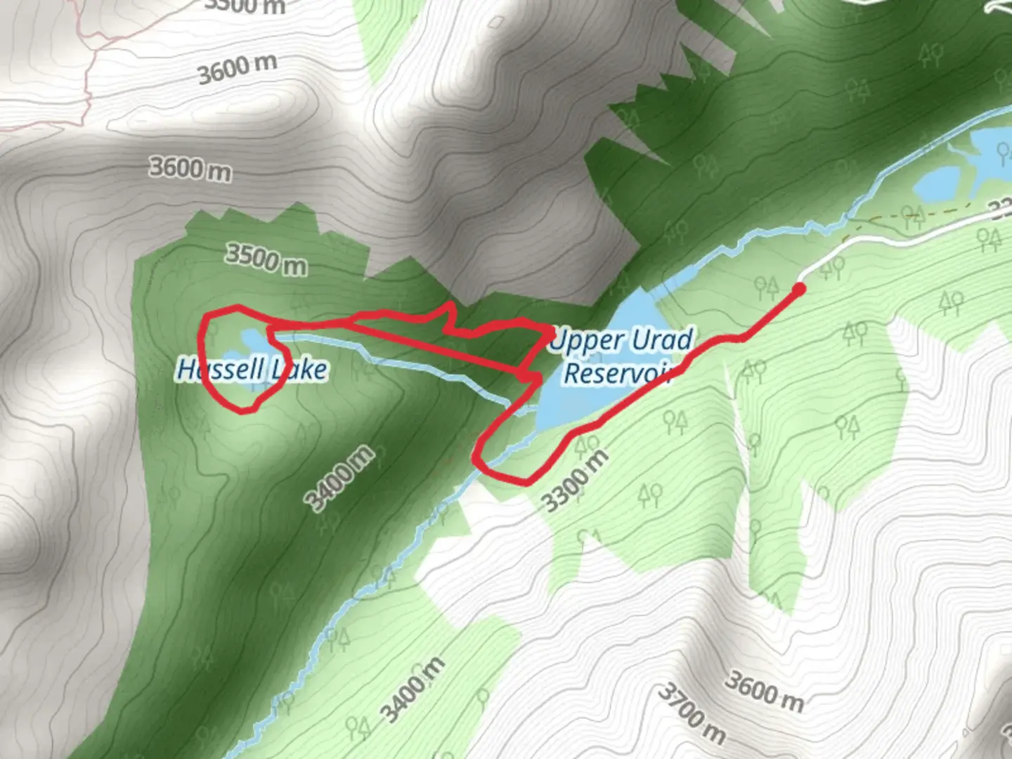 An image depicting the trail Hassell Lake and Upper Urad Reservoir and its surrounding area.