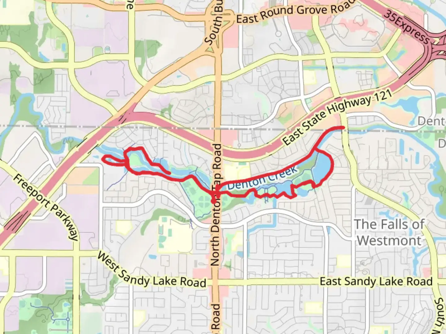 An image depicting the trail Denton Creek, Moore Road Park and Andrew Brown Park East Loop and its surrounding area.