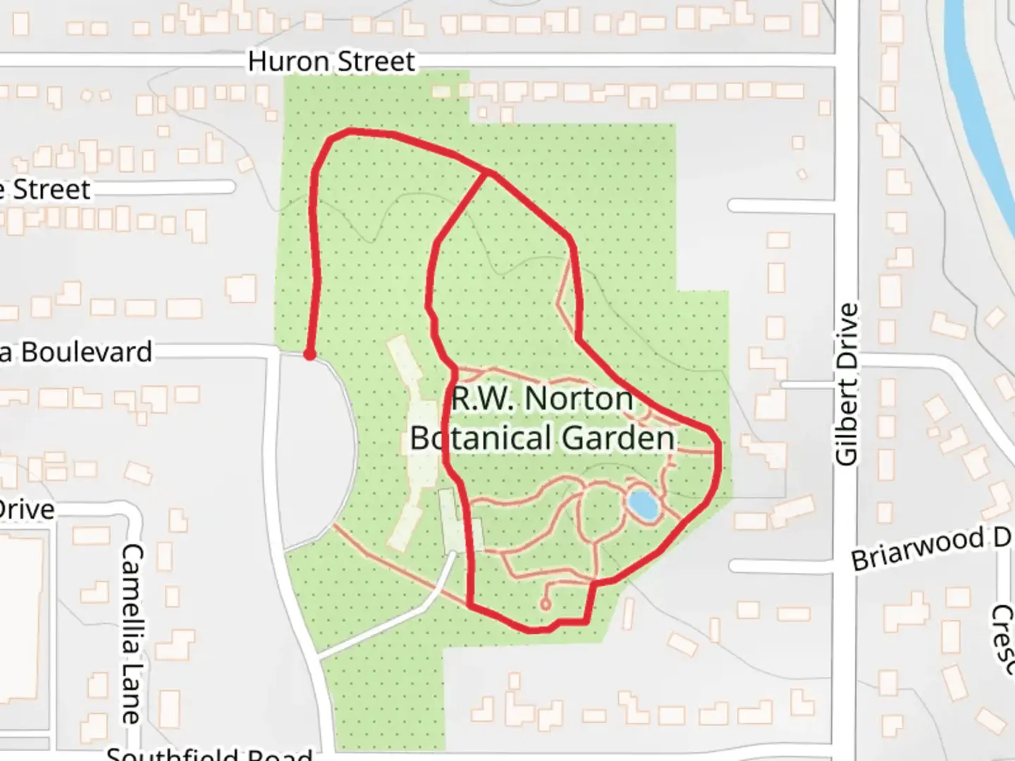 An image depicting the trail R W Norton Botanical Garden Loop and its surrounding area.
