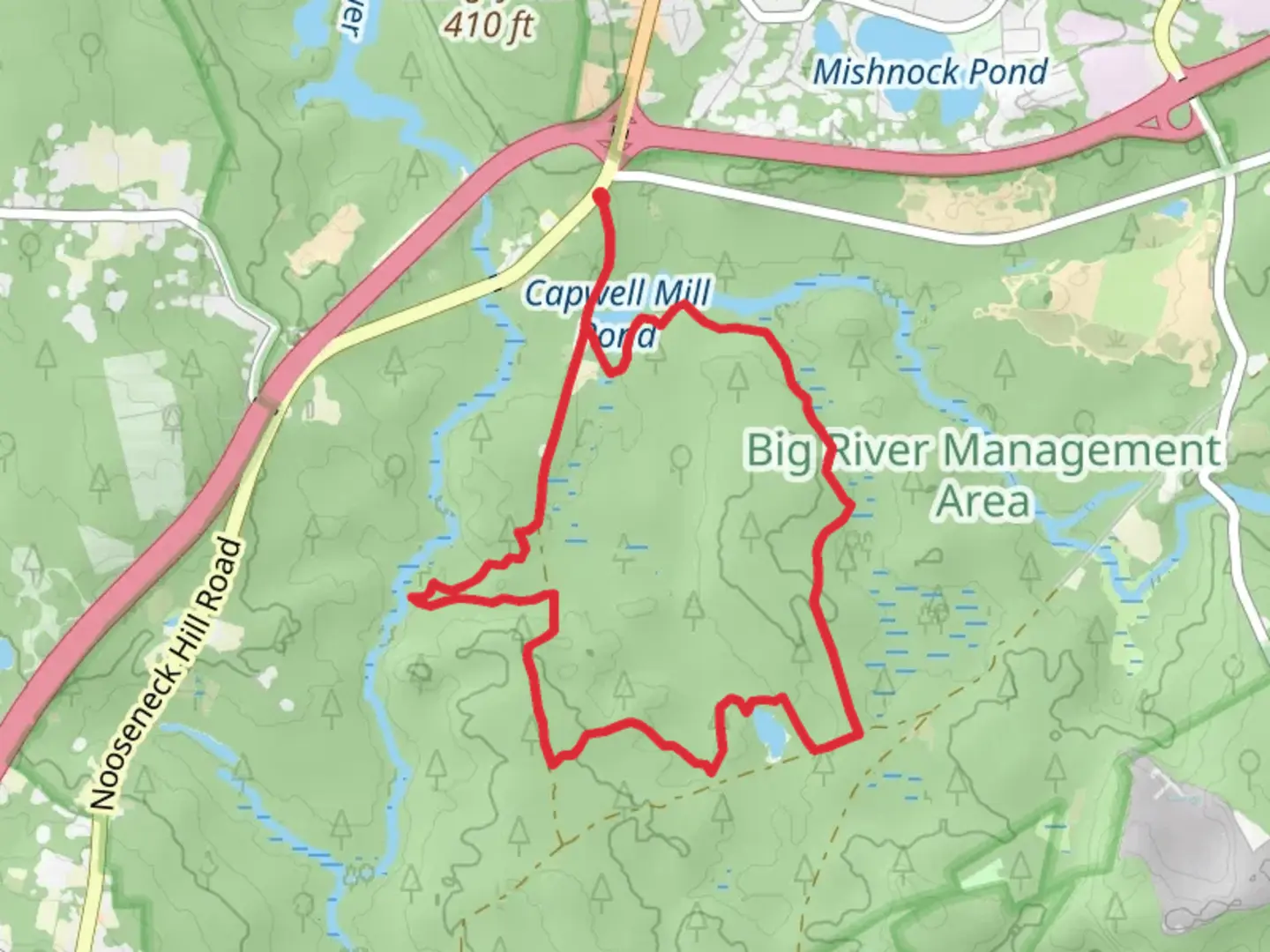 An image depicting the trail Upper Piney and Jim's Dam Bridge Loop and its surrounding area.