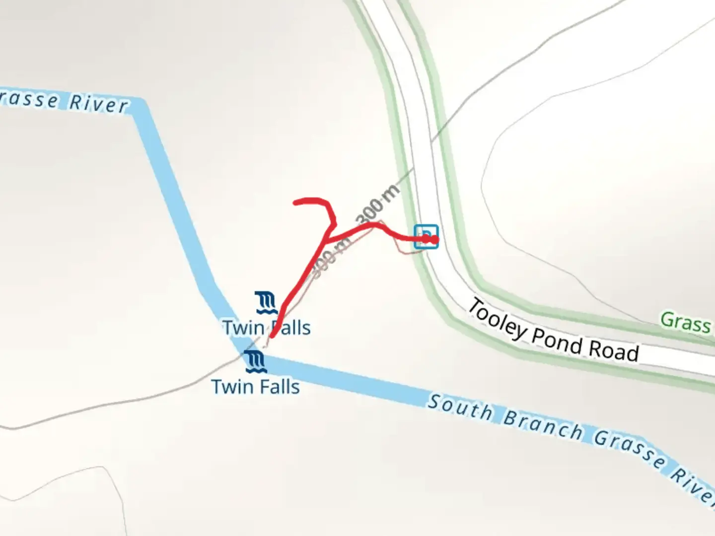 An image depicting the trail Grasse River from Tooley Pond Road and its surrounding area.