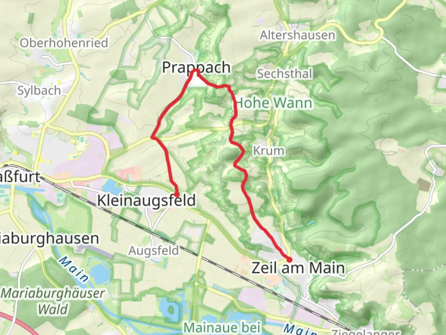 An image depicting the trail Zeil am Main to Kleinaugsfeld via Prappacher Weintal Route and Lauftour HAS5 and its surrounding area.