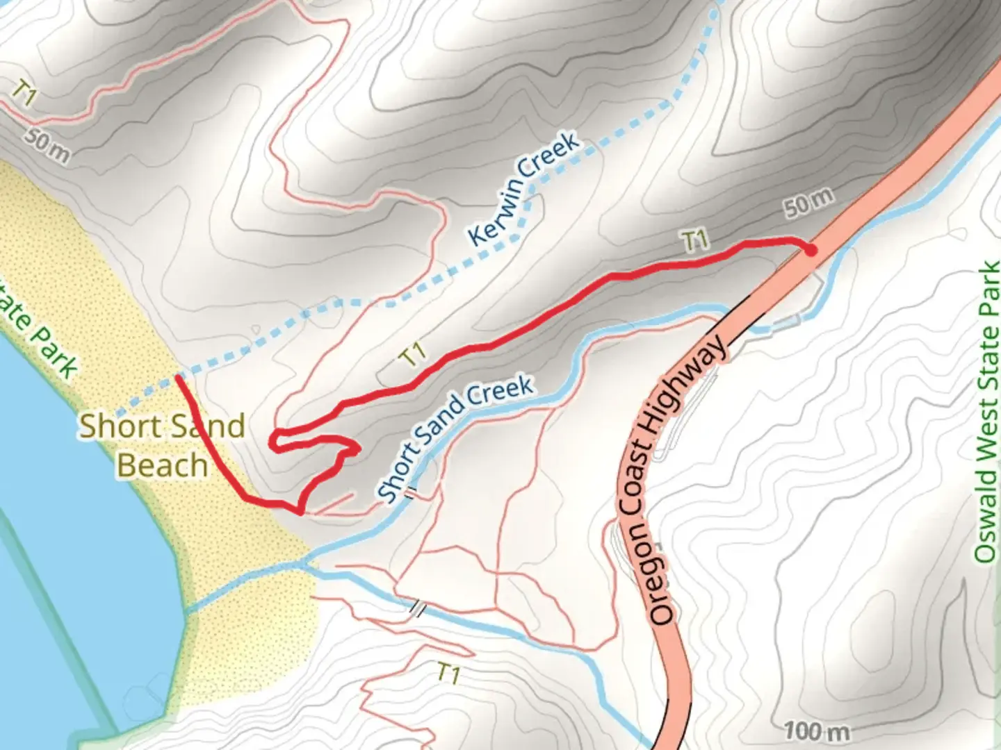 An image depicting the trail Kerwin Creek via Cape Falcon Trail and its surrounding area.