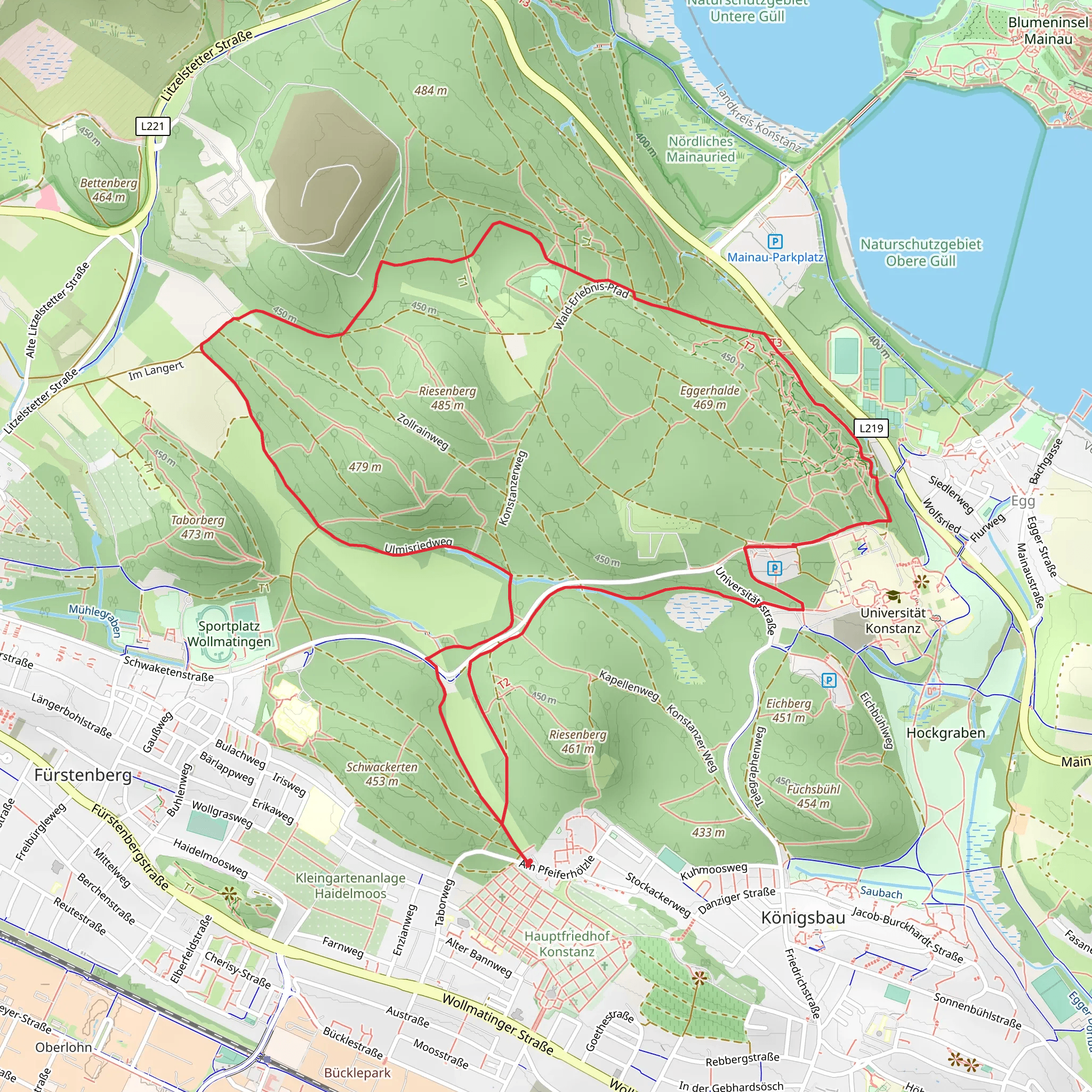 Fursten Berg, Kletterwald Erlbniswald Mainau and University of Kontanz Loop via Ulmisriedweg mobile static map