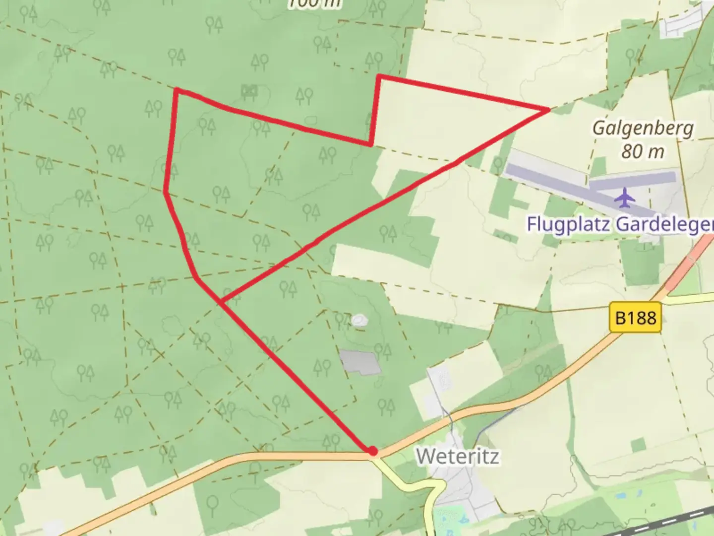 An image depicting the trail Weteritz Heide Loop and its surrounding area.