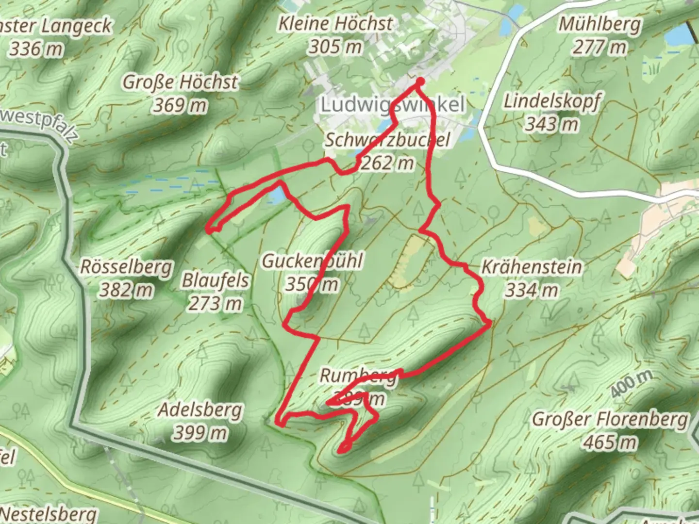 An image depicting the trail Roesselsbach, Rumberg and Roesselsweiher Loop and its surrounding area.