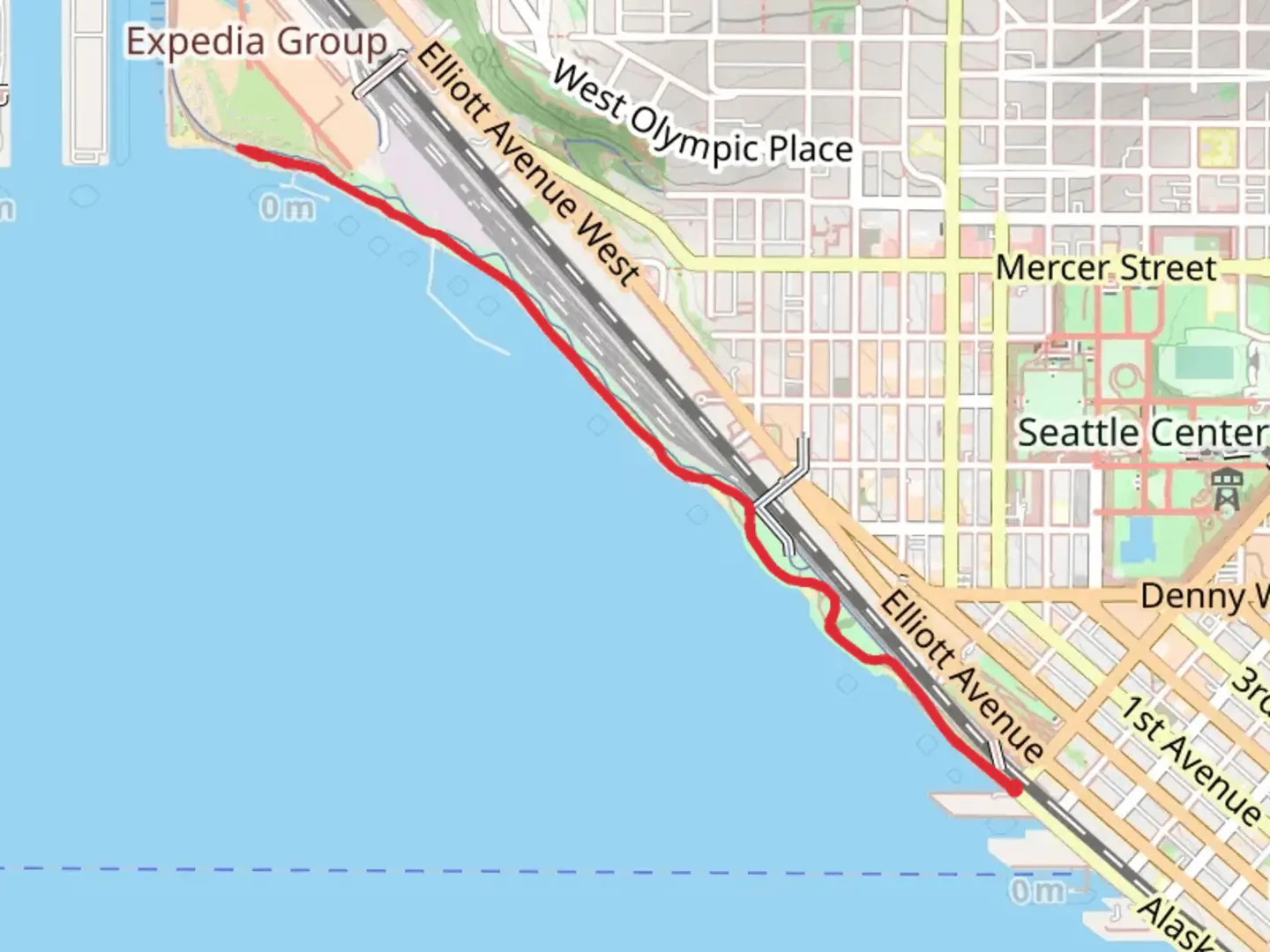An image depicting the trail Myrtle Edwards Park and Centennial Park and its surrounding area.