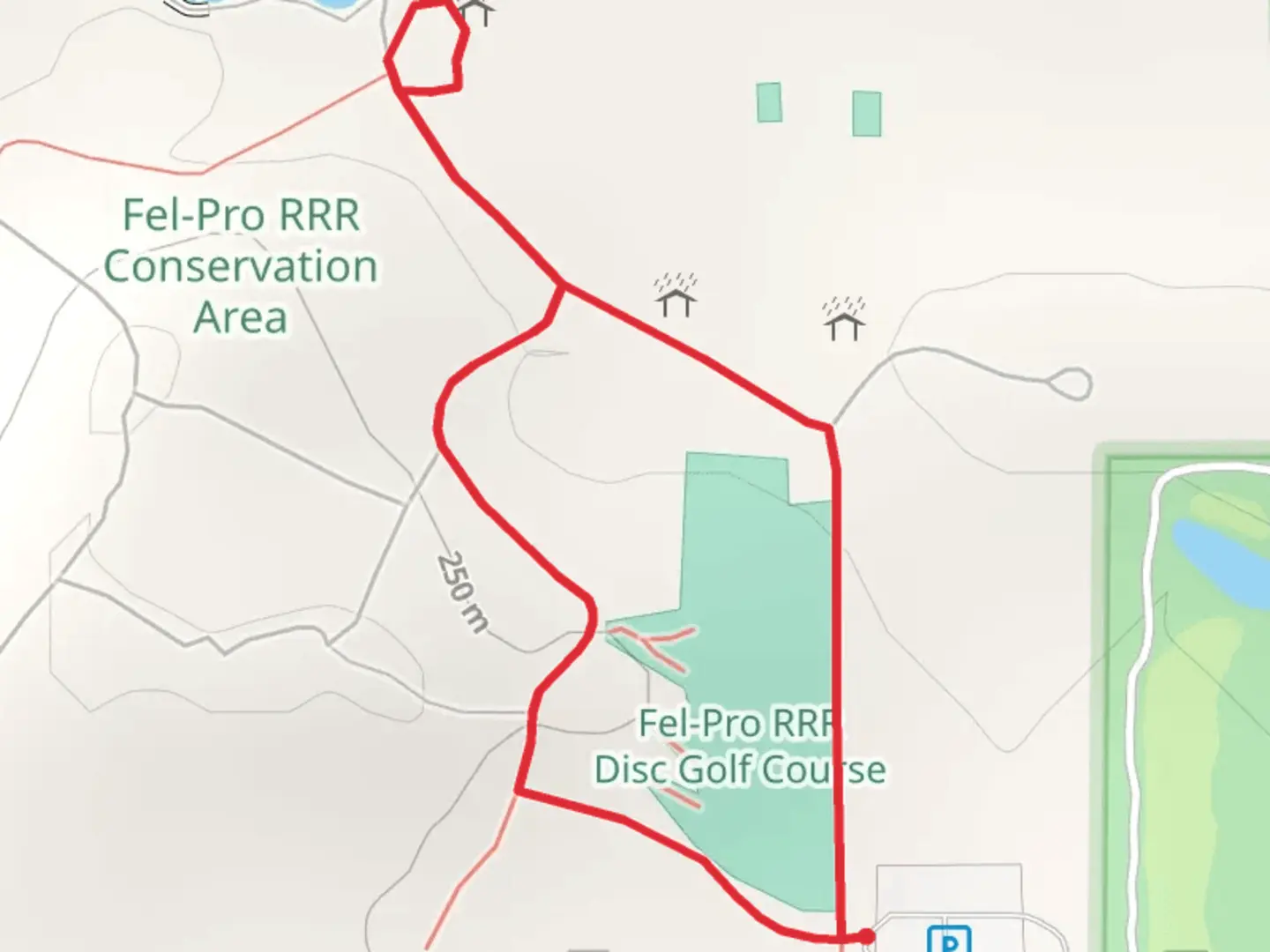 An image depicting the trail Fel-Pro RRR Disc Golf Course Loop and its surrounding area.