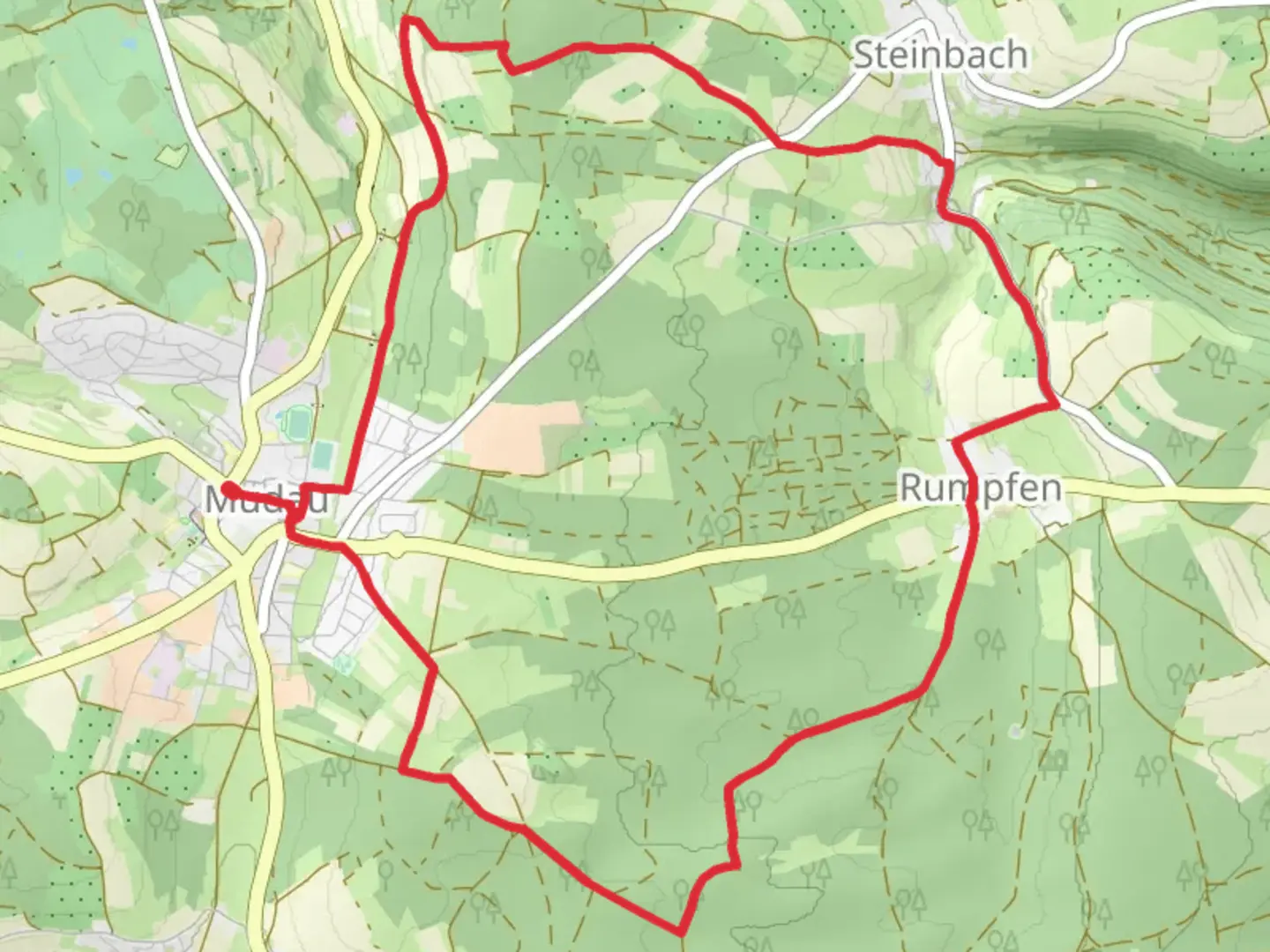 An image depicting the trail Main Neckar Weg and Rumpfener Weg and its surrounding area.