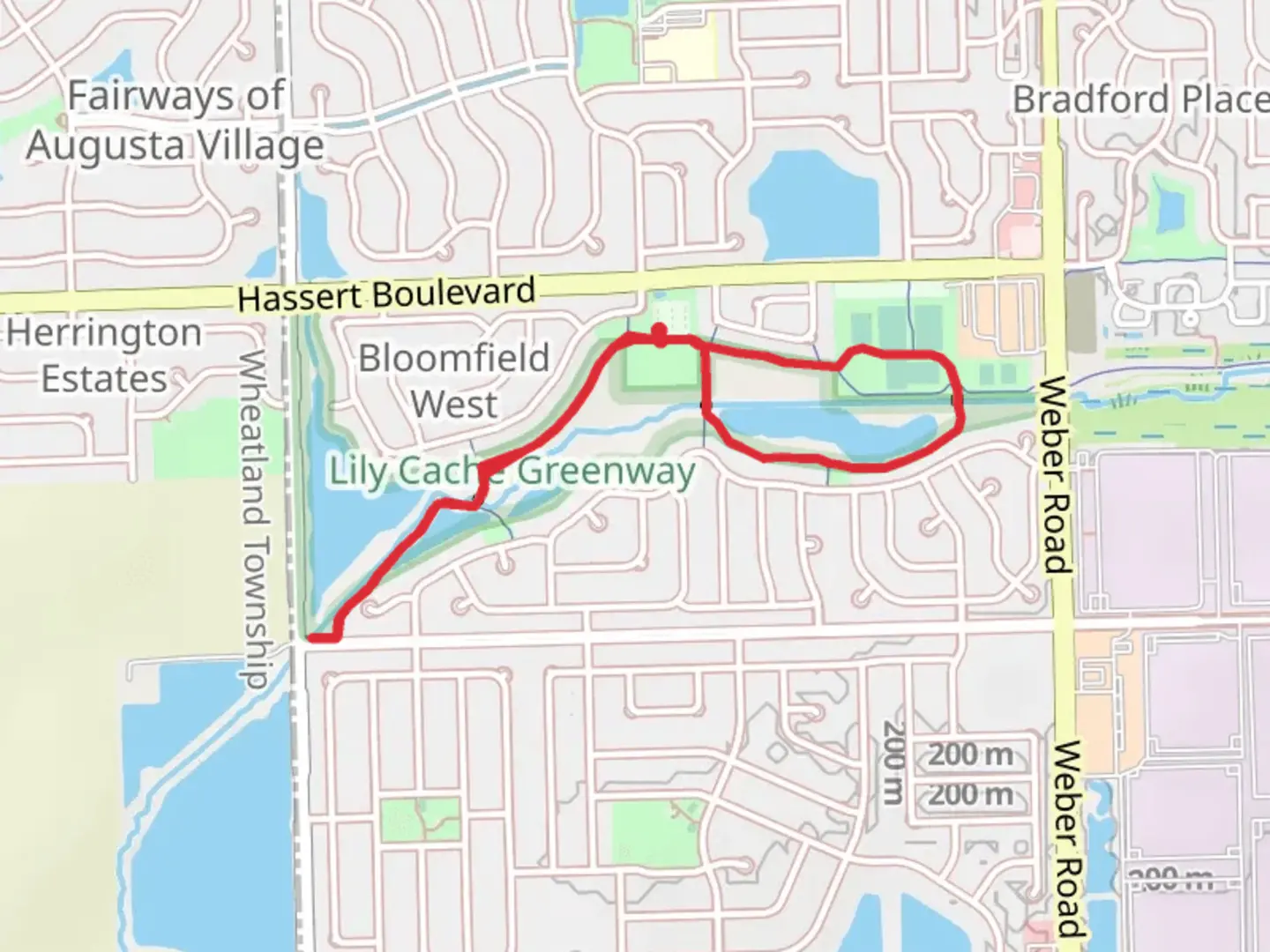 An image depicting the trail Lily Cache Greenway Park and Bloomfield Oasis Loop and its surrounding area.