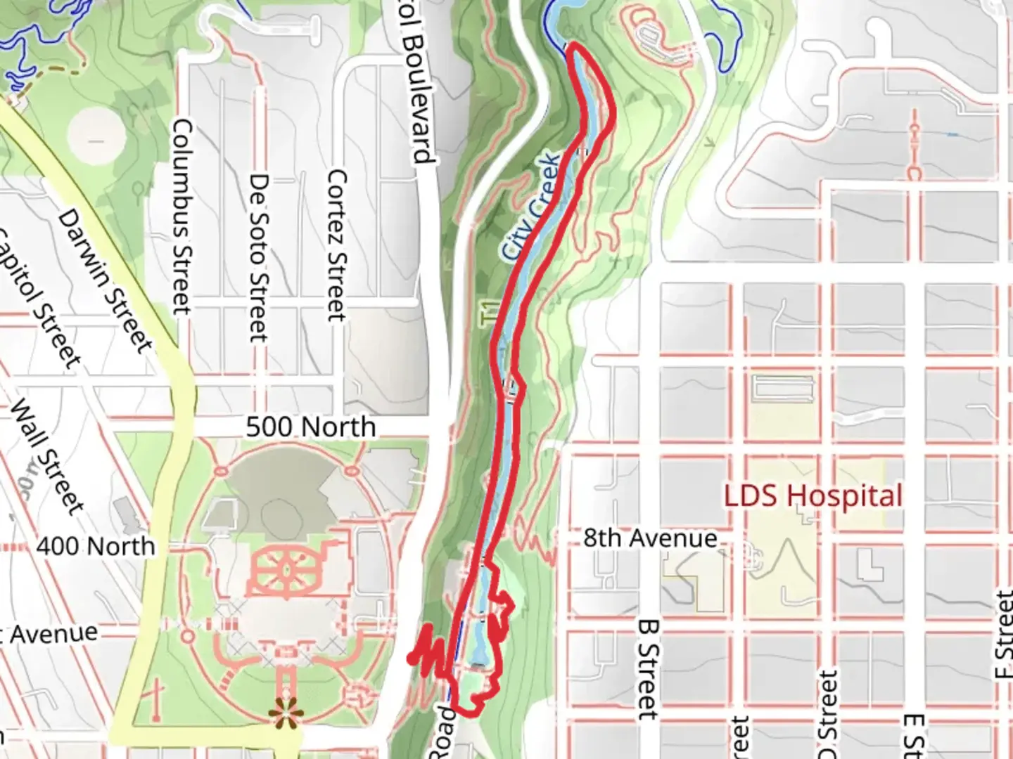 An image depicting the trail Memory Grove Park via Freedom Trail and Canyon Road and its surrounding area.