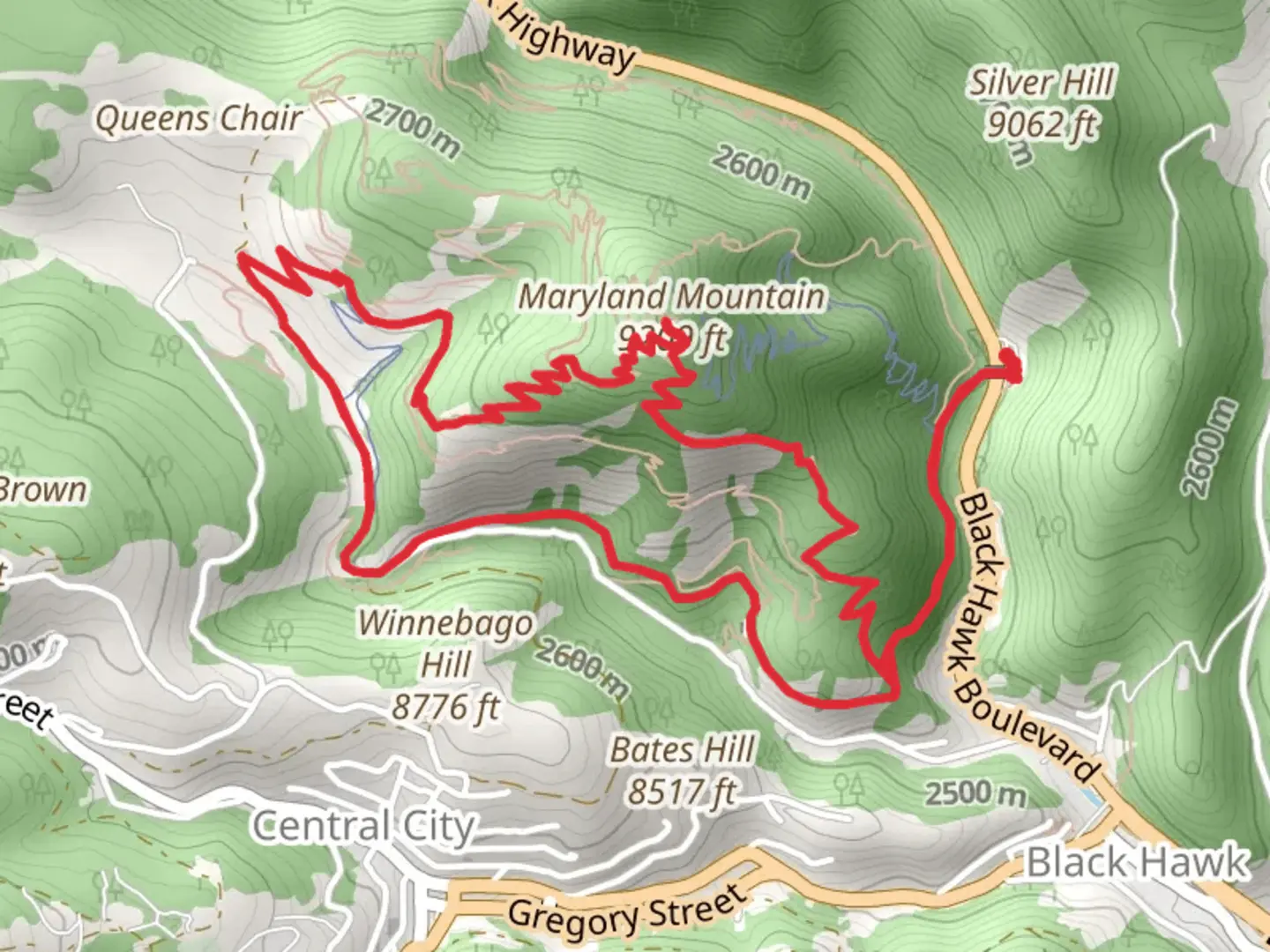 An image depicting the trail Hidden Treasure Trail, Historic Gilpin Tramway and Summit Loop Trail and its surrounding area.