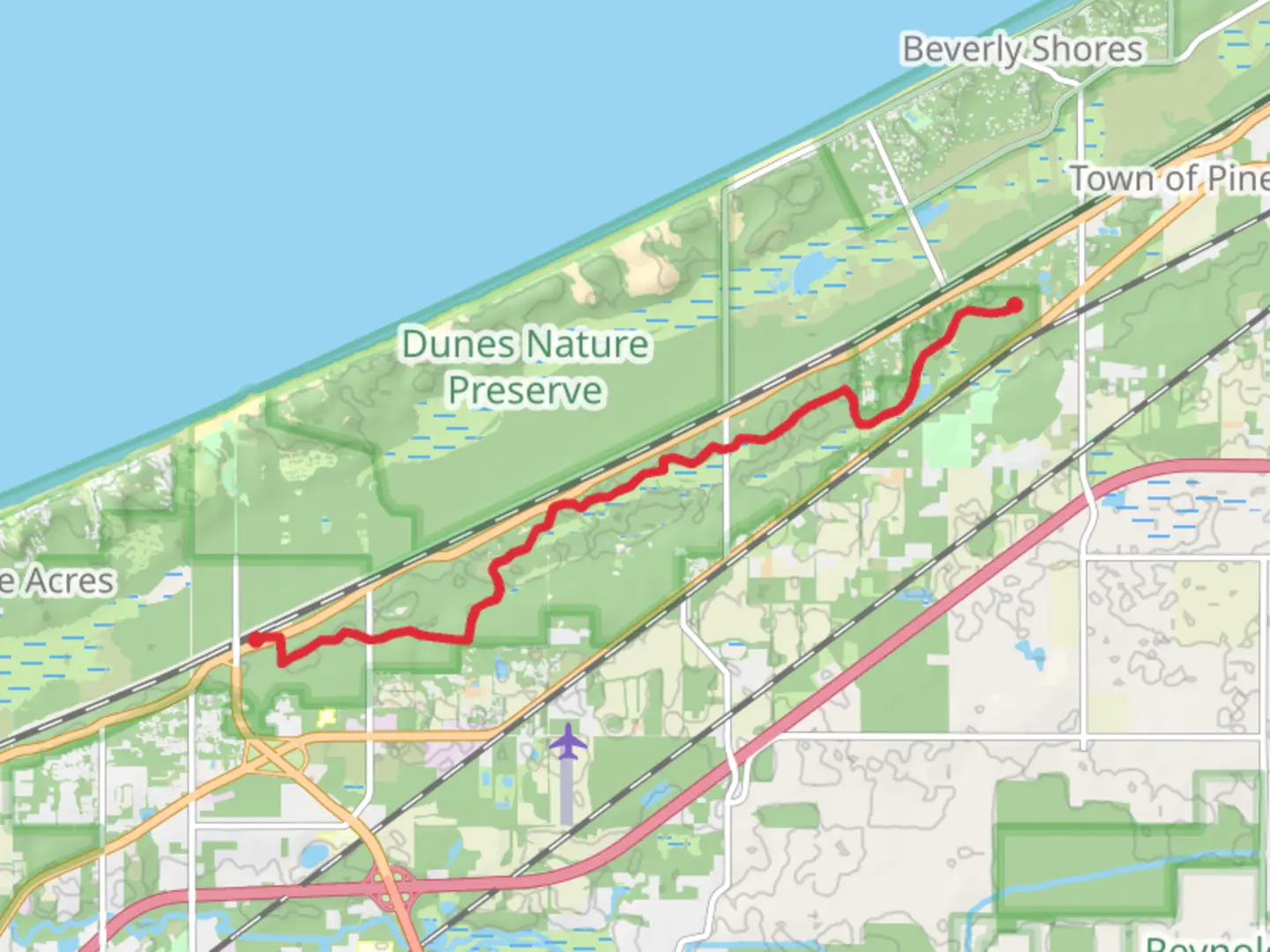 An image depicting the trail Glenwood Dunes and Dunewood Trace Trail and its surrounding area.