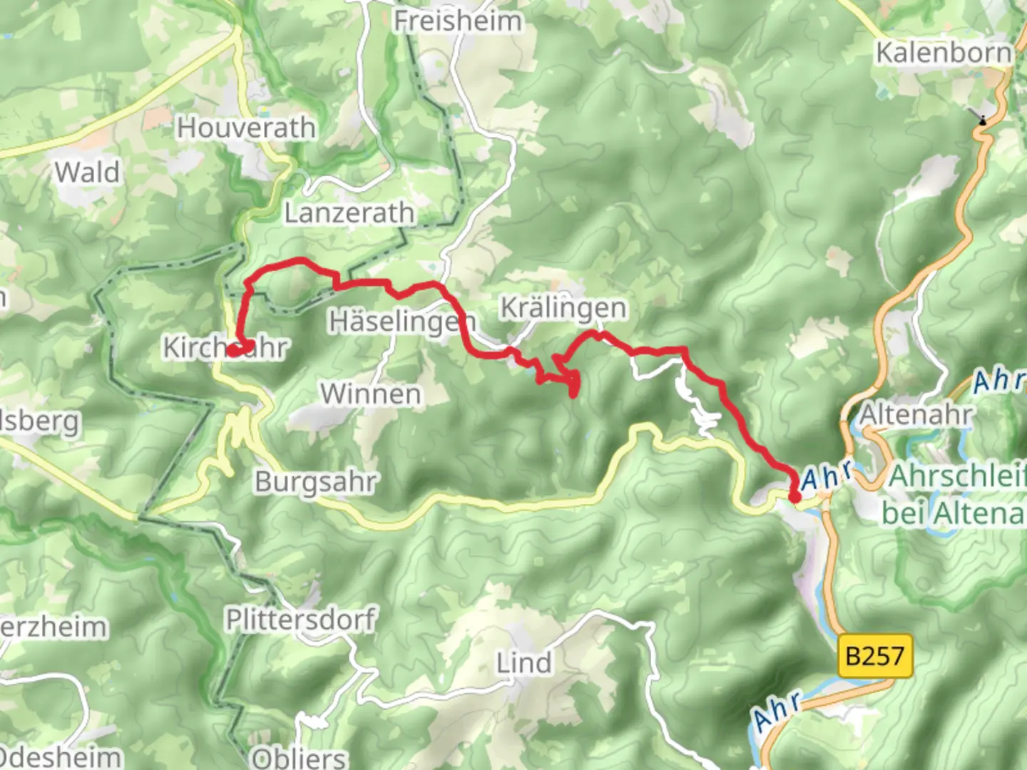 An image depicting the trail Kreuzberg to Kirchsahr via Gottfried Kinkel Weg and its surrounding area.