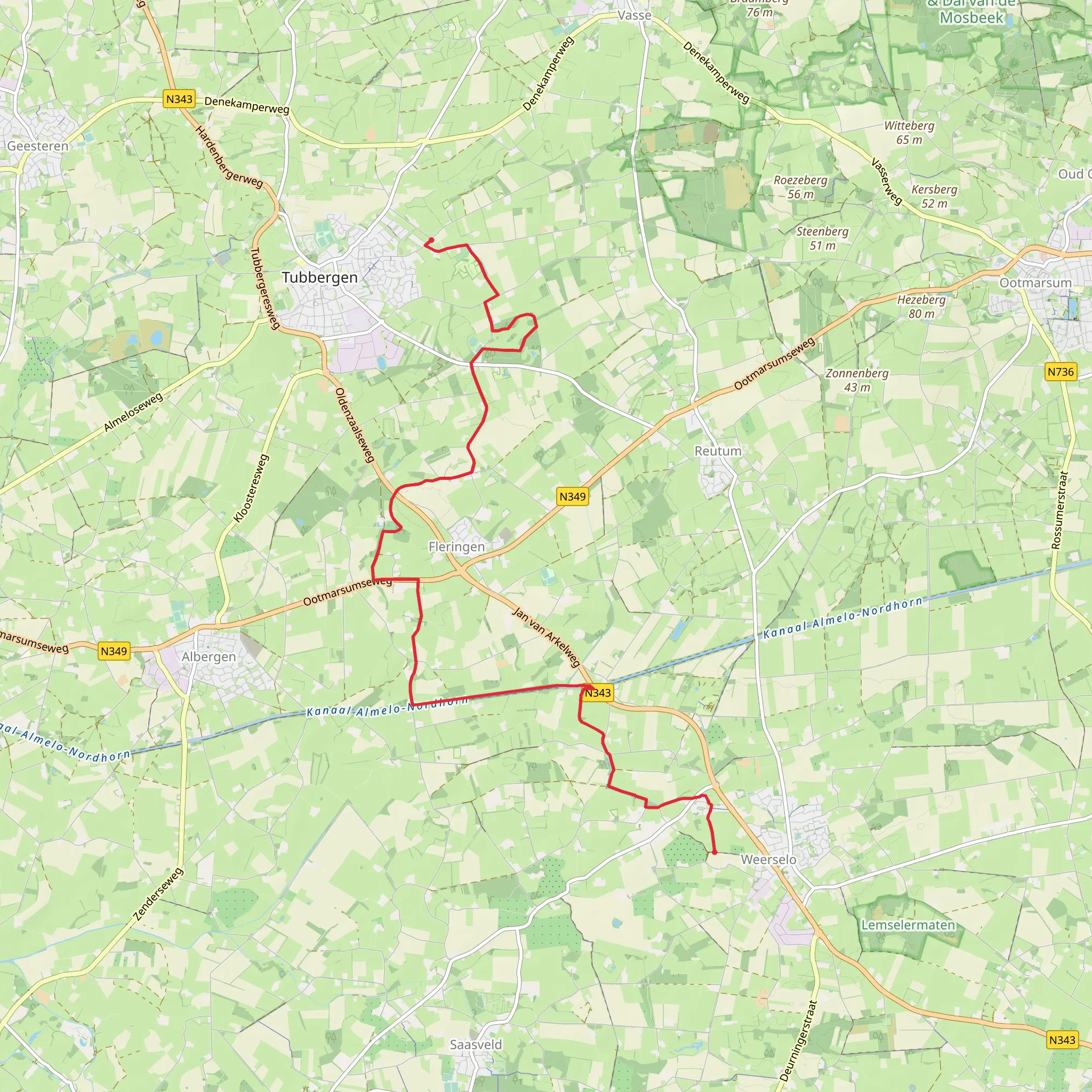 Tubbergen to Weerselo via Landgoed Baasdam and Rikmansbrug mobile static map