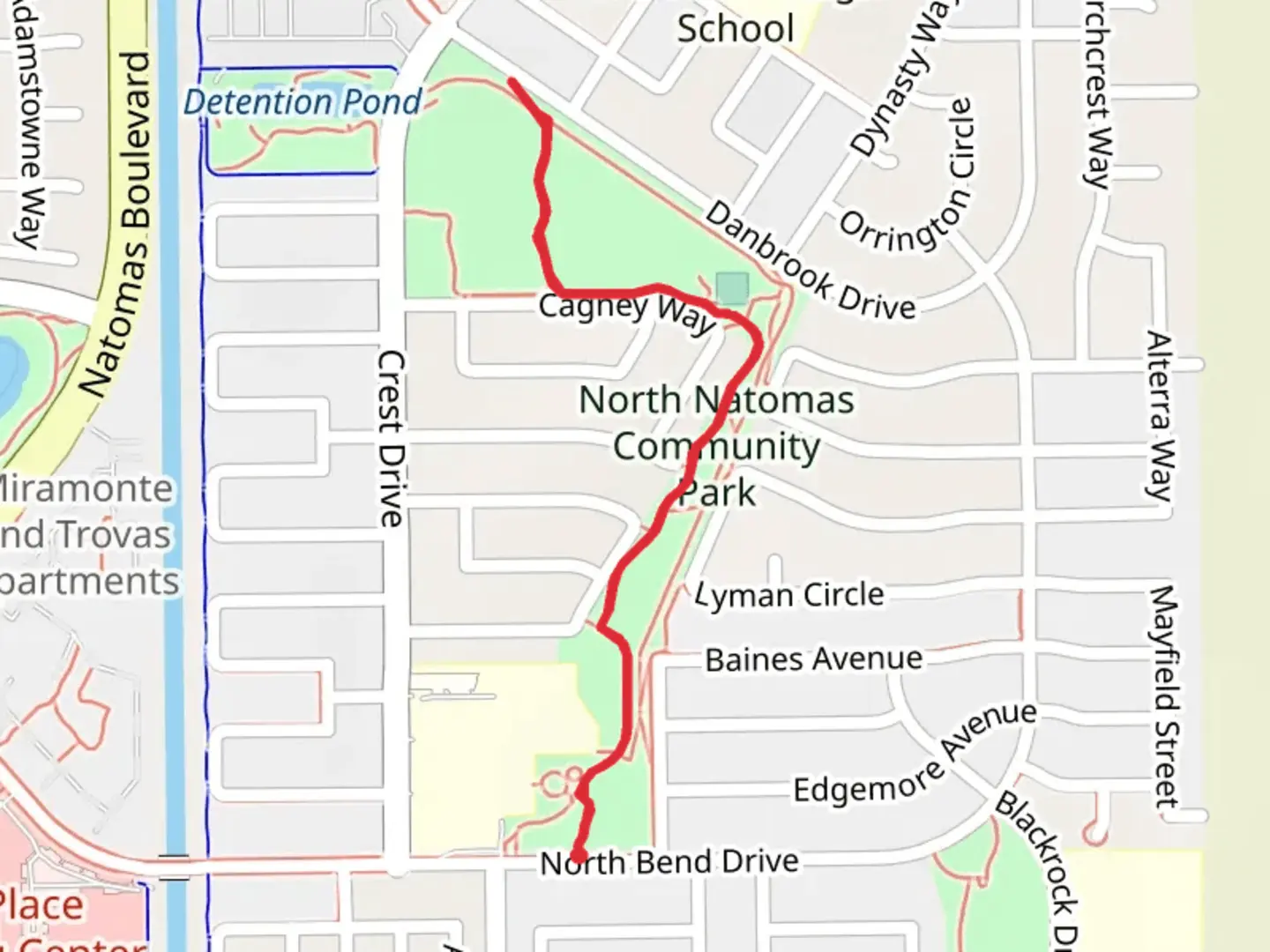 An image depicting the trail North Natomas Community Park Walk and its surrounding area.