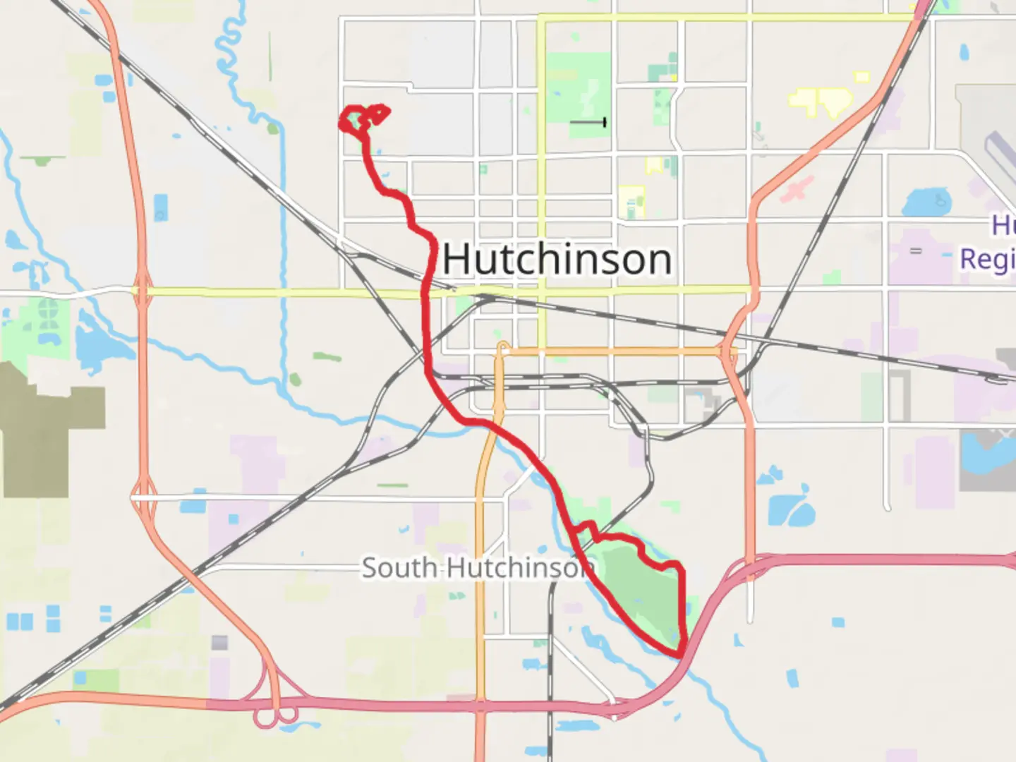 An image depicting the trail Rice Park, Cow Creek and Arkansas River Loop Walk and its surrounding area.